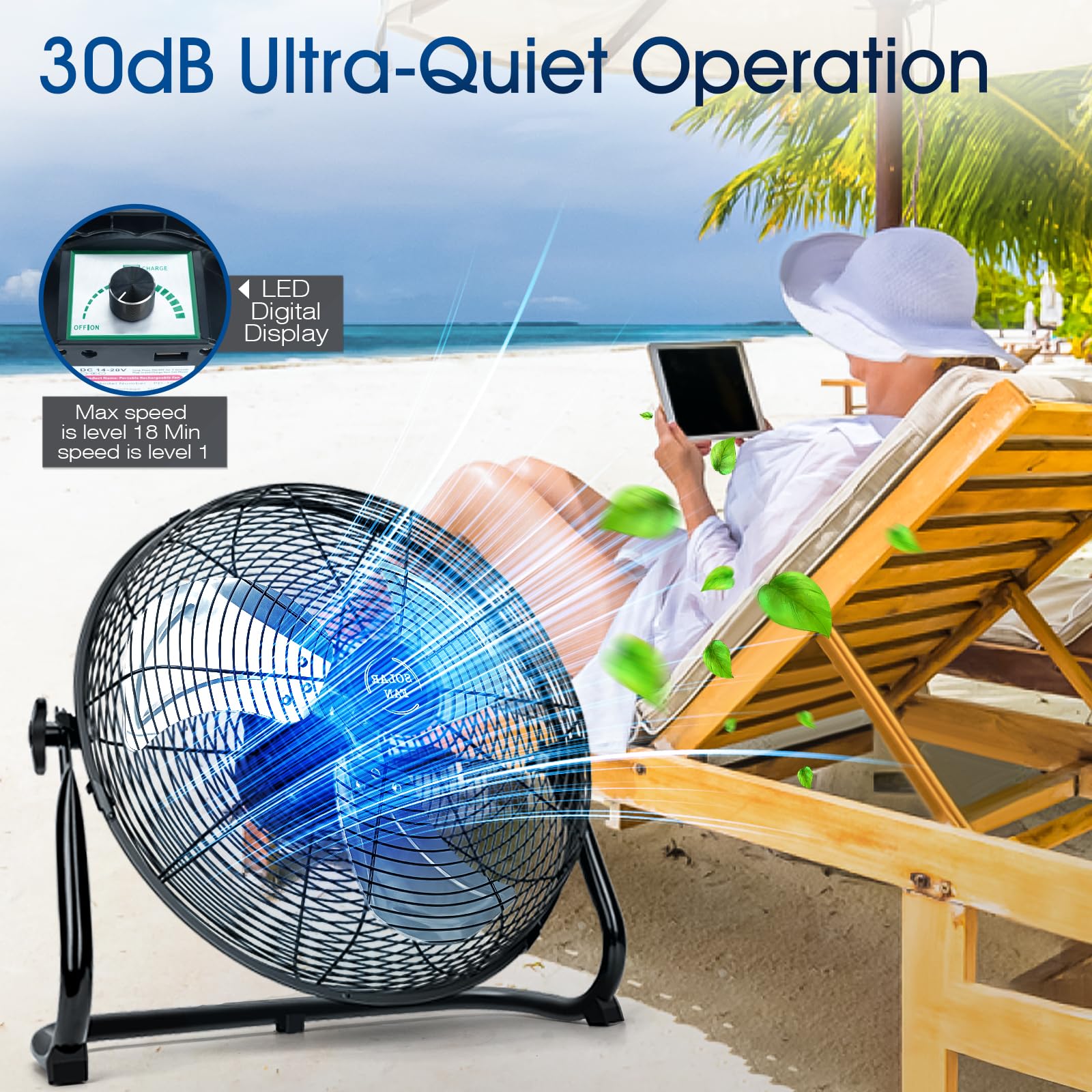 Ventilatore a energia solare da 40,6 cm con pannello solare da 30 W, portatile da 20000 mAh, a batteria, per campeggio, casa, patio, cantiere, velocità continua, struttura in metallo e lame in