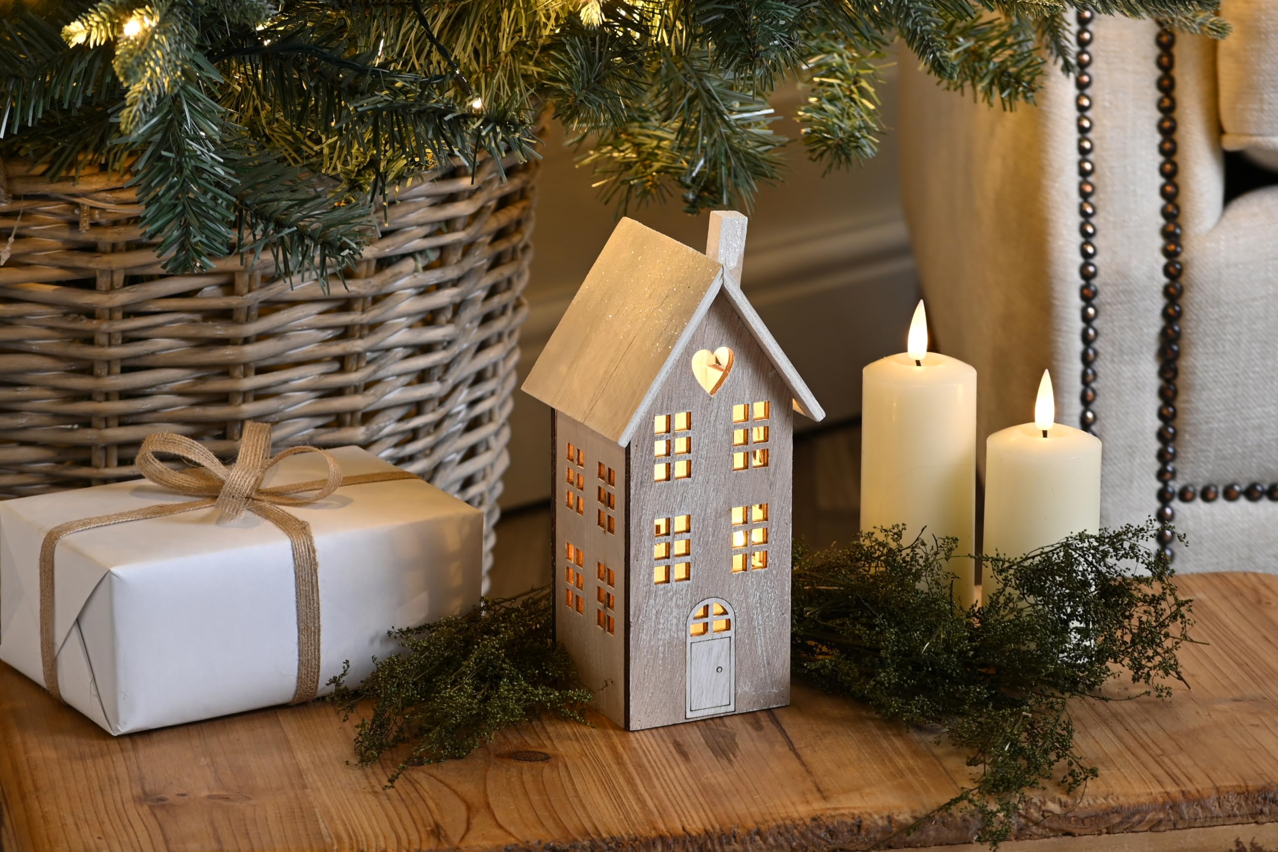 Festive Productions 20cm Battery Operated Light Up Wooden White Nordic House with Heart Detail Tabletop Decoration - Christmas Decoration For Home - Gift Idea for Christmas - Festive Décor