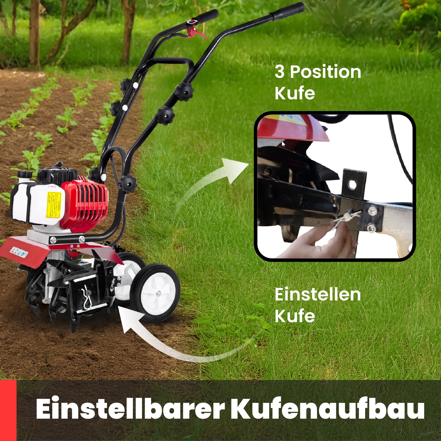 BU-KO 52CC Gartenfräse Benzin 3 PS 2-Takt-Rasenboden bodenhacke Grubber Motorhacke Benzin Leichter kompakter, bodenfräse leistungsstarker Griff mit sicherem Griff 1 Jahre Garantie