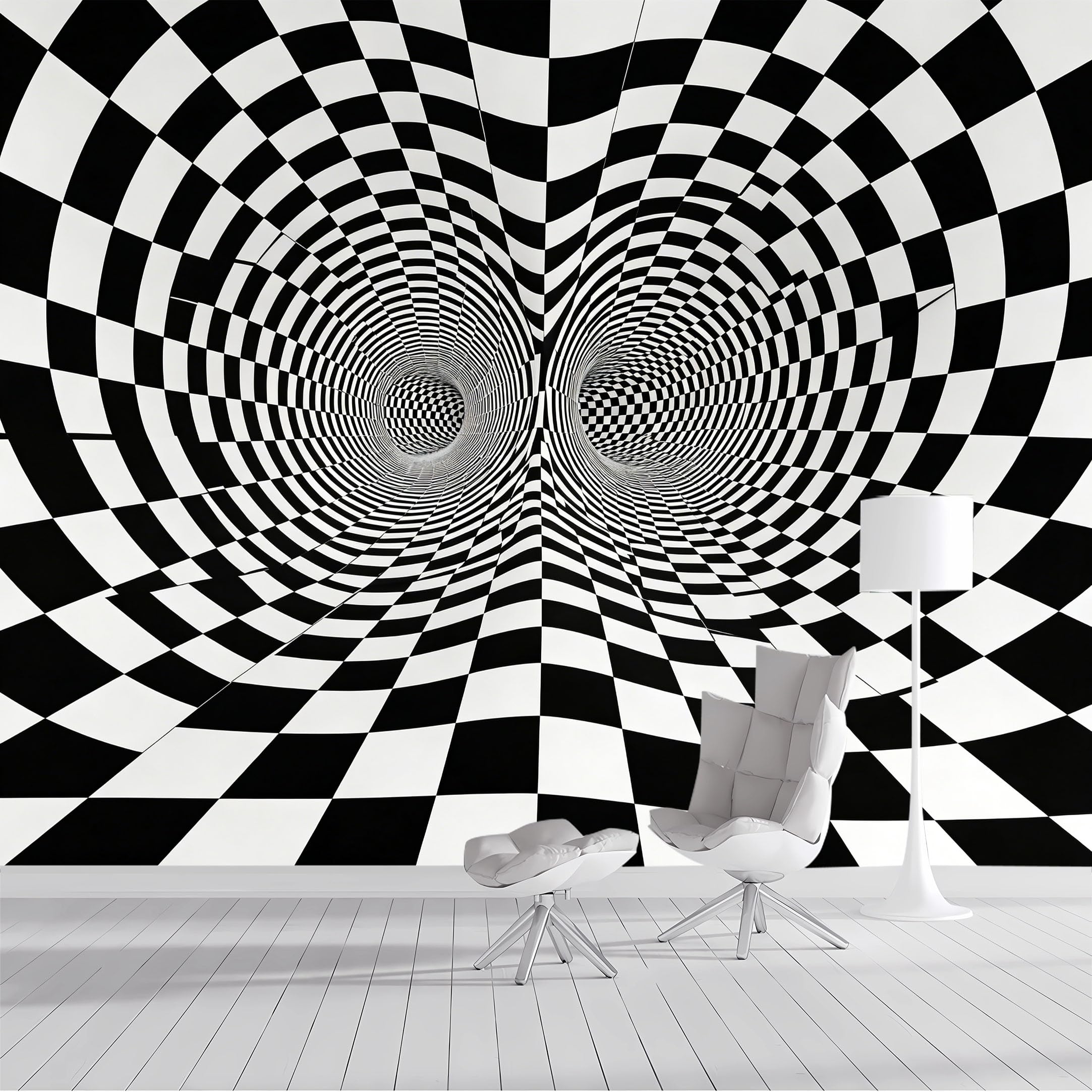 Custom Size Wall Mural Black White Checkerboard 3D Tunnel Optical Illusion Modern Geometric Abstract SelfAdhesive Wall Fabric Removable Peel and Stick Wallpaper for Living Room Bedroom