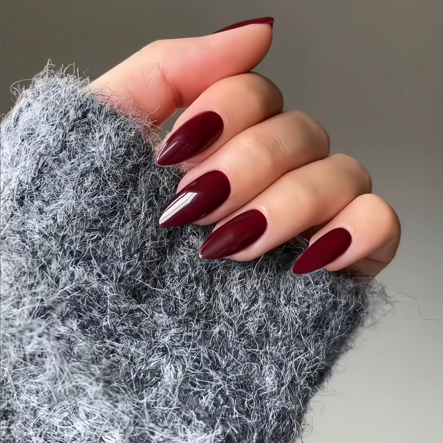SXVME 48 Pcs Burgundy Red Press on Nails Almond Medium Acrylic False Nails Medium Stiletto Natural Fake Nail Set Elegant Solid Color Full Cover Glossy Gel Stick on Nails for Women Fall Winter Wear