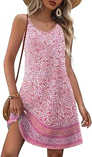 EIRUKON Summer Dress Women's Bohemian Sleeveless Dress V-Neck Floral Pattern Dresses Short Beach Dress Casual Mini Dress Spaghetti Straps Casual Dress with Pockets