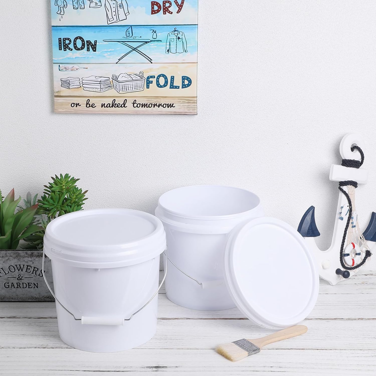 DECHOUS 2pcs Empty Bucket Water Pails Food Grade Buckets with Lids White Paint Art Craft Fishing Water Pail Paint Container Lid White Plastic Cans