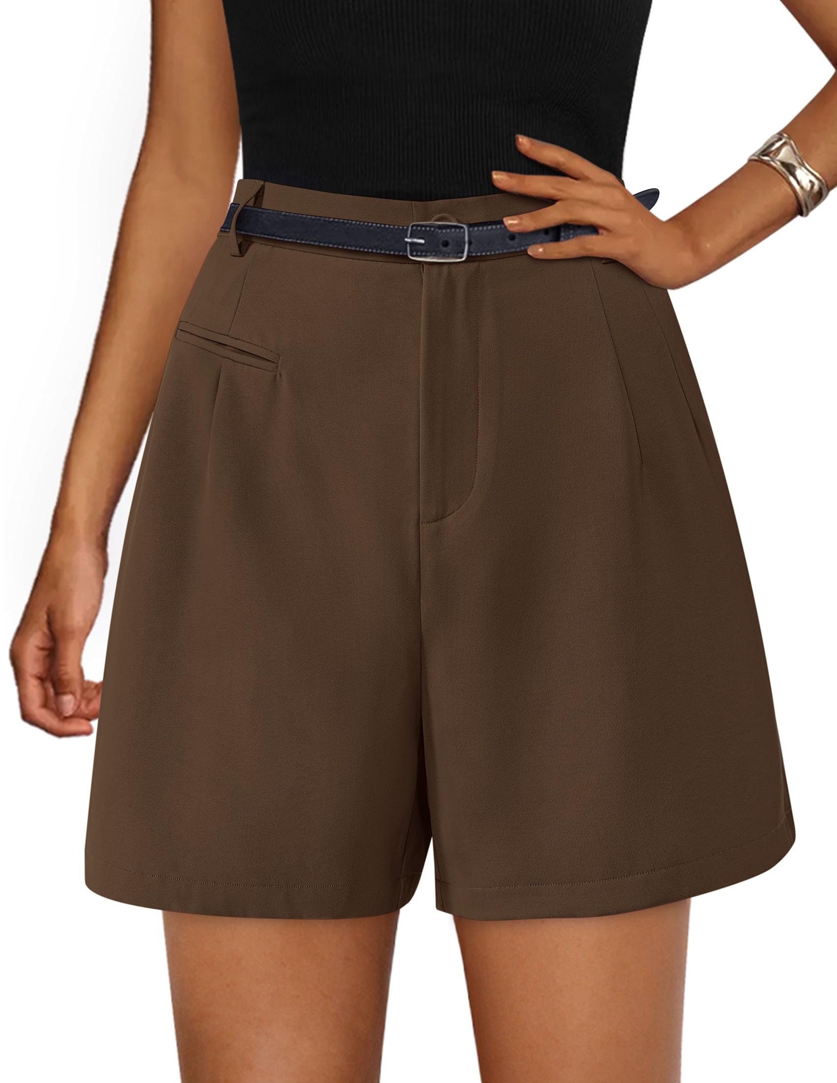 Photo 1 of PRETTYGARDEN Shorts for Women Dressy 2026 Summer Elastic High Waisted Wide Leg Business Casual Work Shorts with Pockets (Brown,XX-Large)