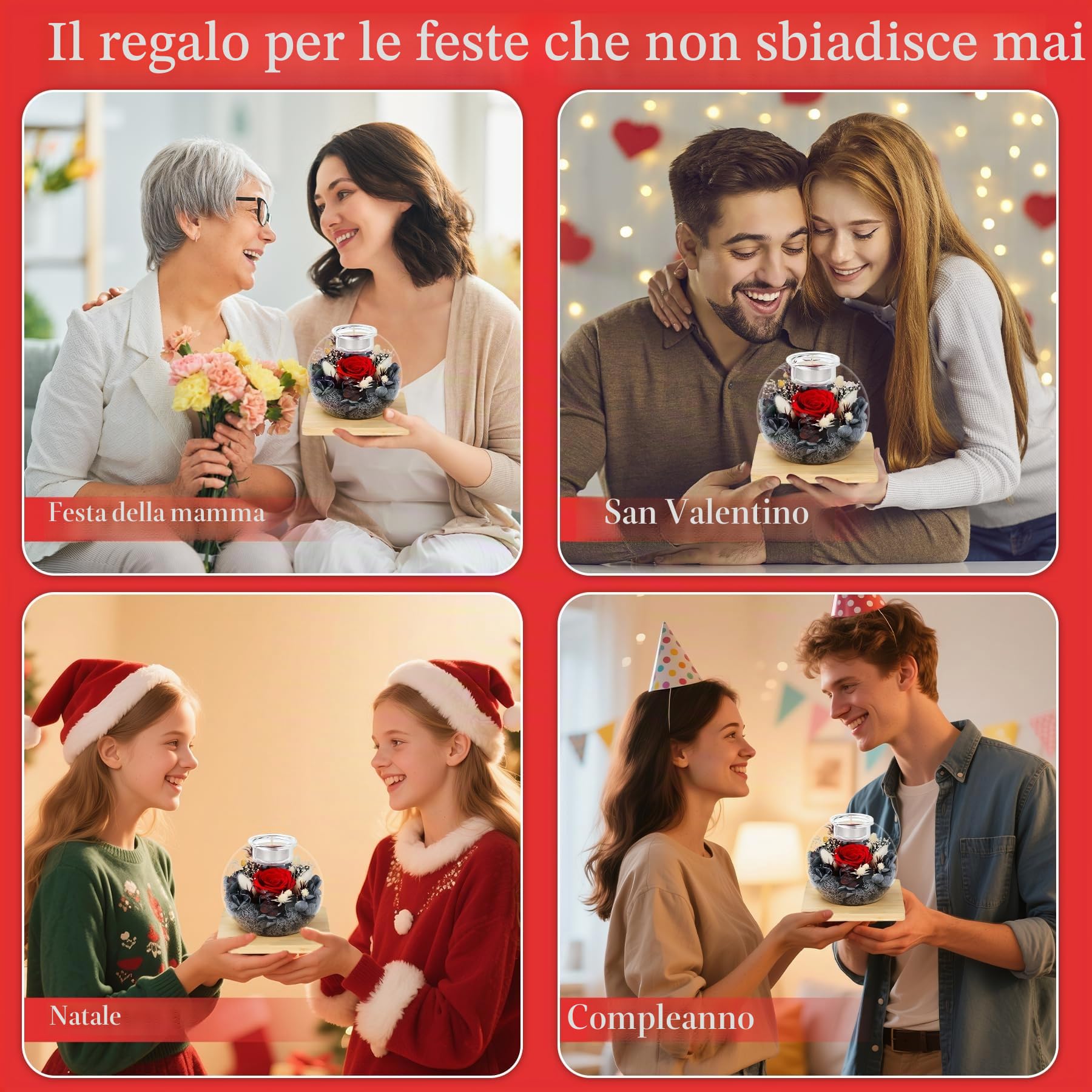 Rosa Eterna in Vetro, Set di Rose Stabilizzate e Candele Profumate, Regalo di Compleanno per la Festa della Mamma San Valentino Anniversario Natale per Mamma Fidanzata Moglie Donna (Rosso)
