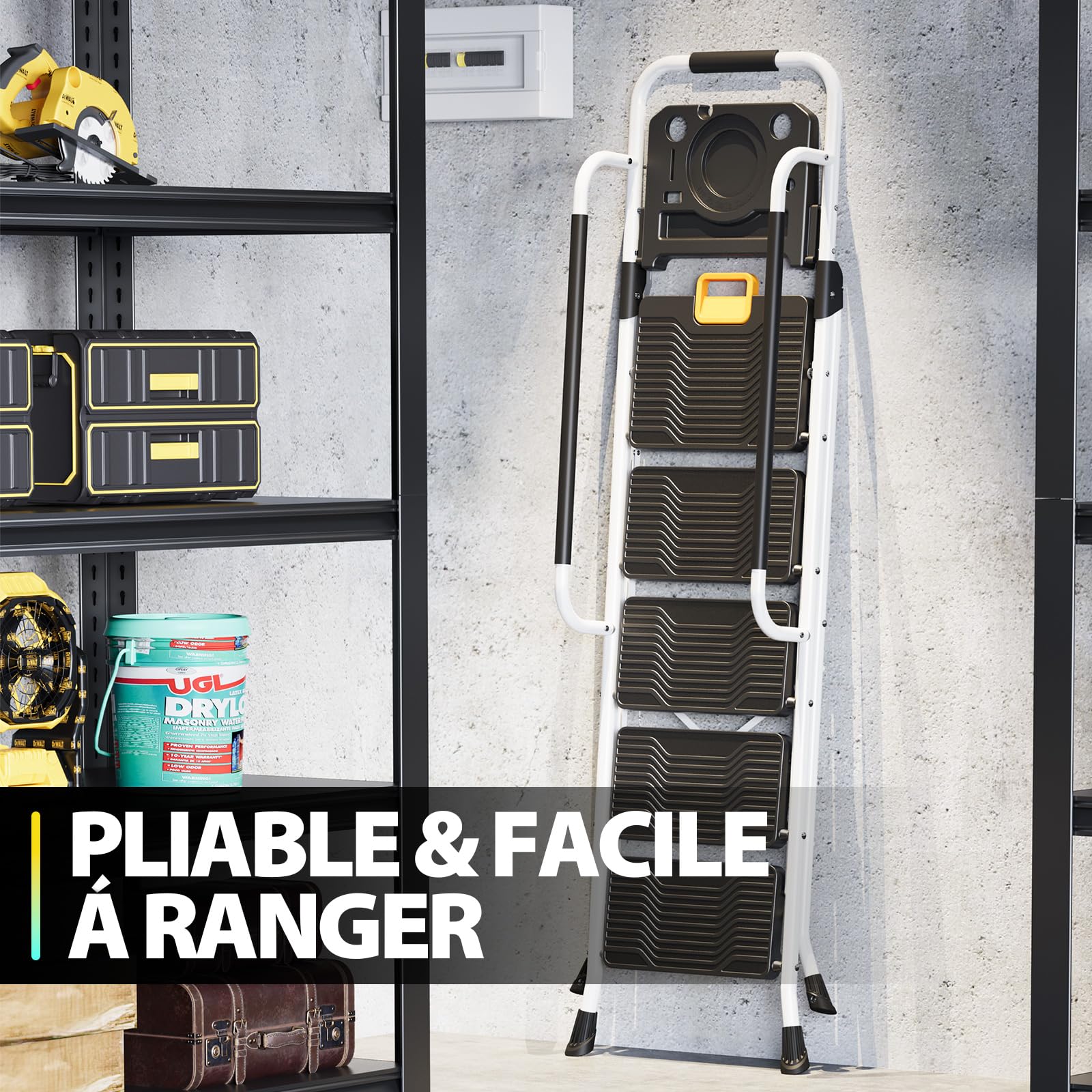 KINGRACK Escabeau Pliable 5 marches Charge maximale de 150kg Verrouillage de sécurité, pédales Larges accoudoirs escabeau escamotable légères pour la Maison, Cuisine, Placard et Bureau, Blanc