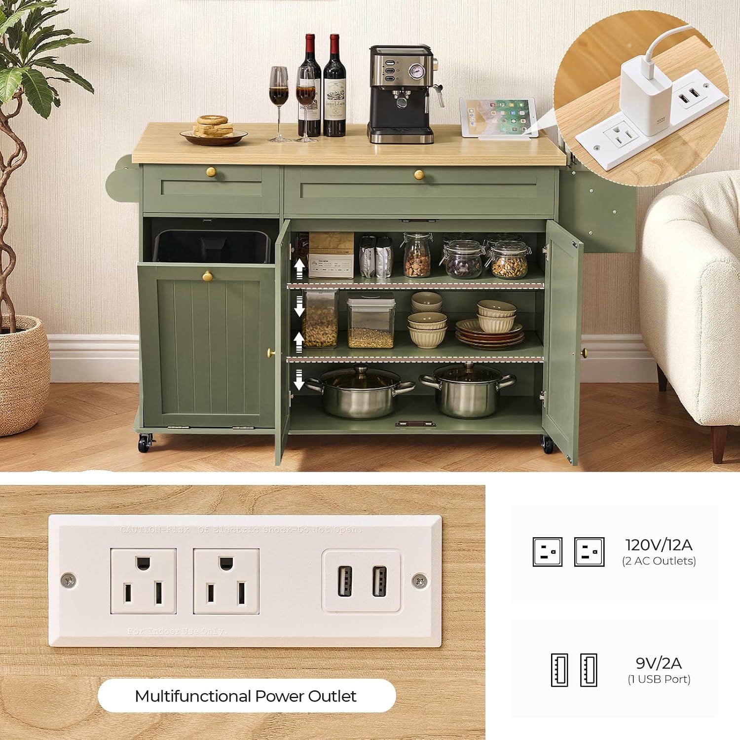 60.2" Kitchen Islands with Storage, Kitchen Island Cart with Trash Can Storage Cabinet, Rolling Kitchen Island Table with Drop Leaf & Power Outlet & Spice Rack & Towel Rack & Knife Holder, Green
