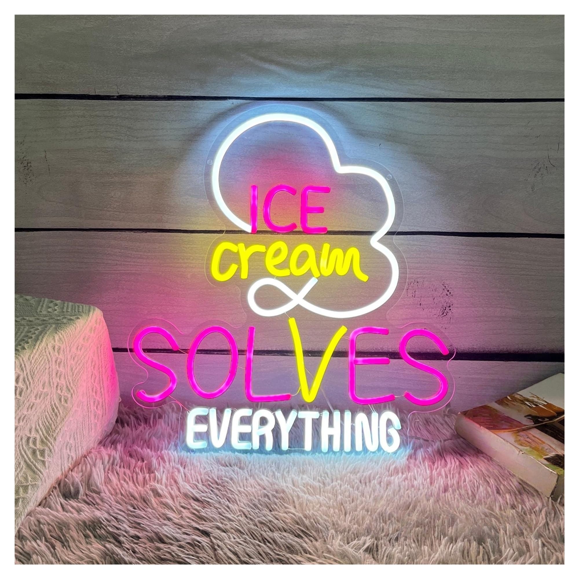 SHOUXI Sign Lamp Ice Cream Solves Everything Neon Sign, Cone Light Wall Decor Shop Open 46.5cmx50cm(A)