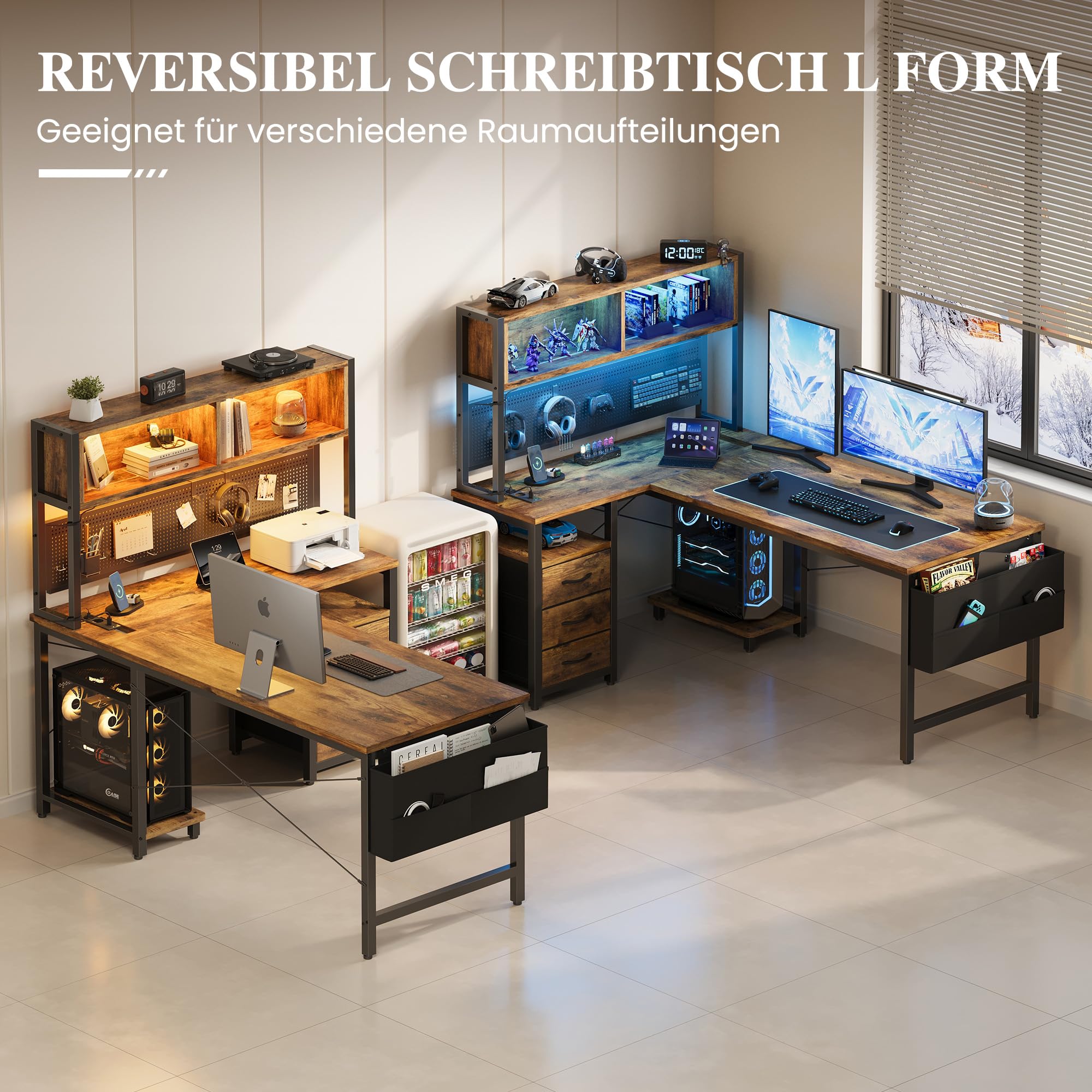 YOUDENOVA L Form Schreibtisch Reversibel, Gaming Tisch mit LED, Steckdosen & USB, Eckschreibtisch mit Regal & Lochwand, 3 Schubladen Computertisch für Büro Wohnzimmer Homeoffice Gaming 135x100 Braun