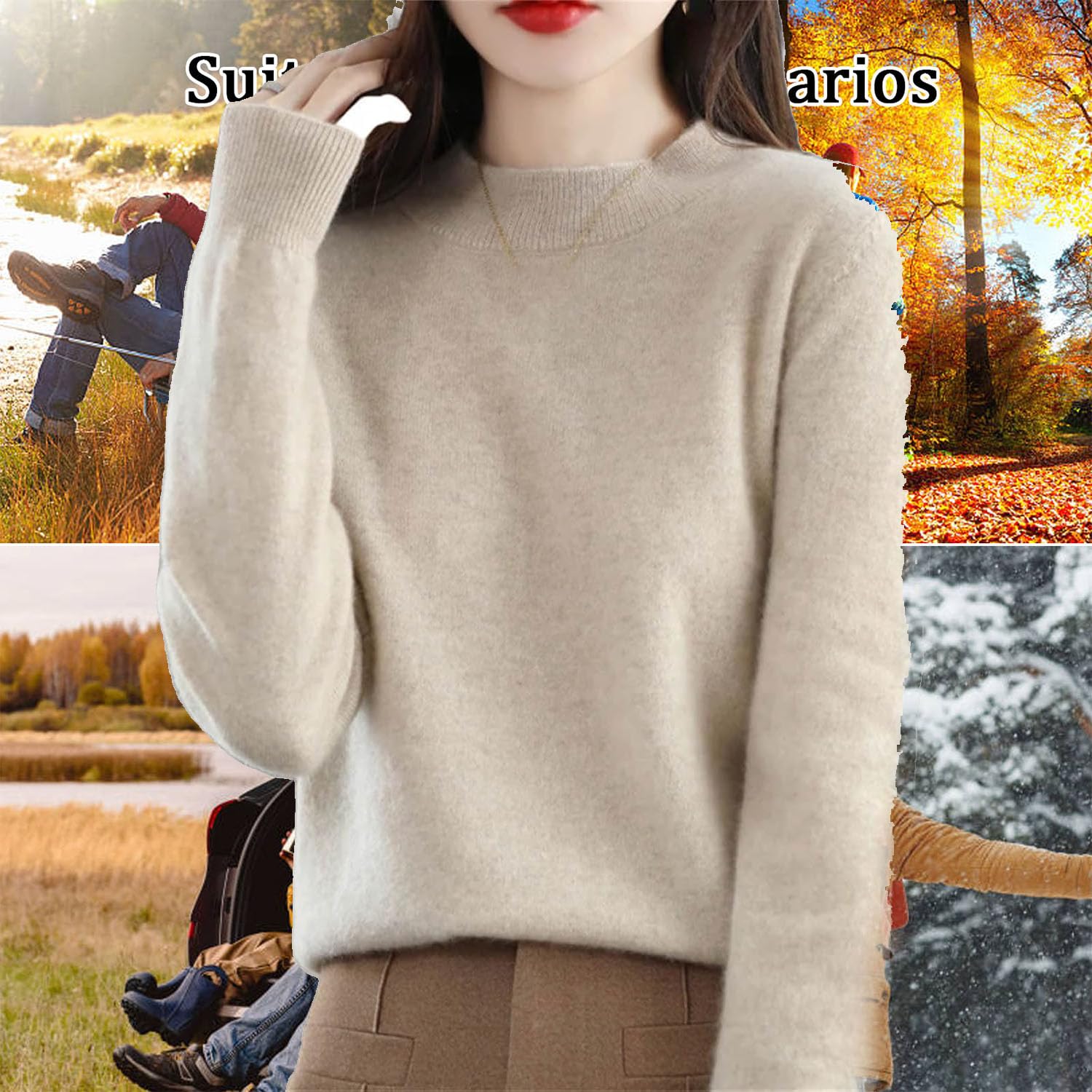 Suéteres de cachemira para mujer, suéter de punto redondo para otoño e invierno, cálido, de cachemira, de manga larga, suéter de lana para mujer