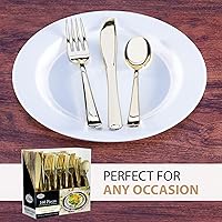 Vista 8 de Juego de cubiertos de plástico dorado, 160 unidades, cubiertos extra resistentes, cubiertos desechables, 80 tenedores, 40 cucharas, 40 cuchillos
