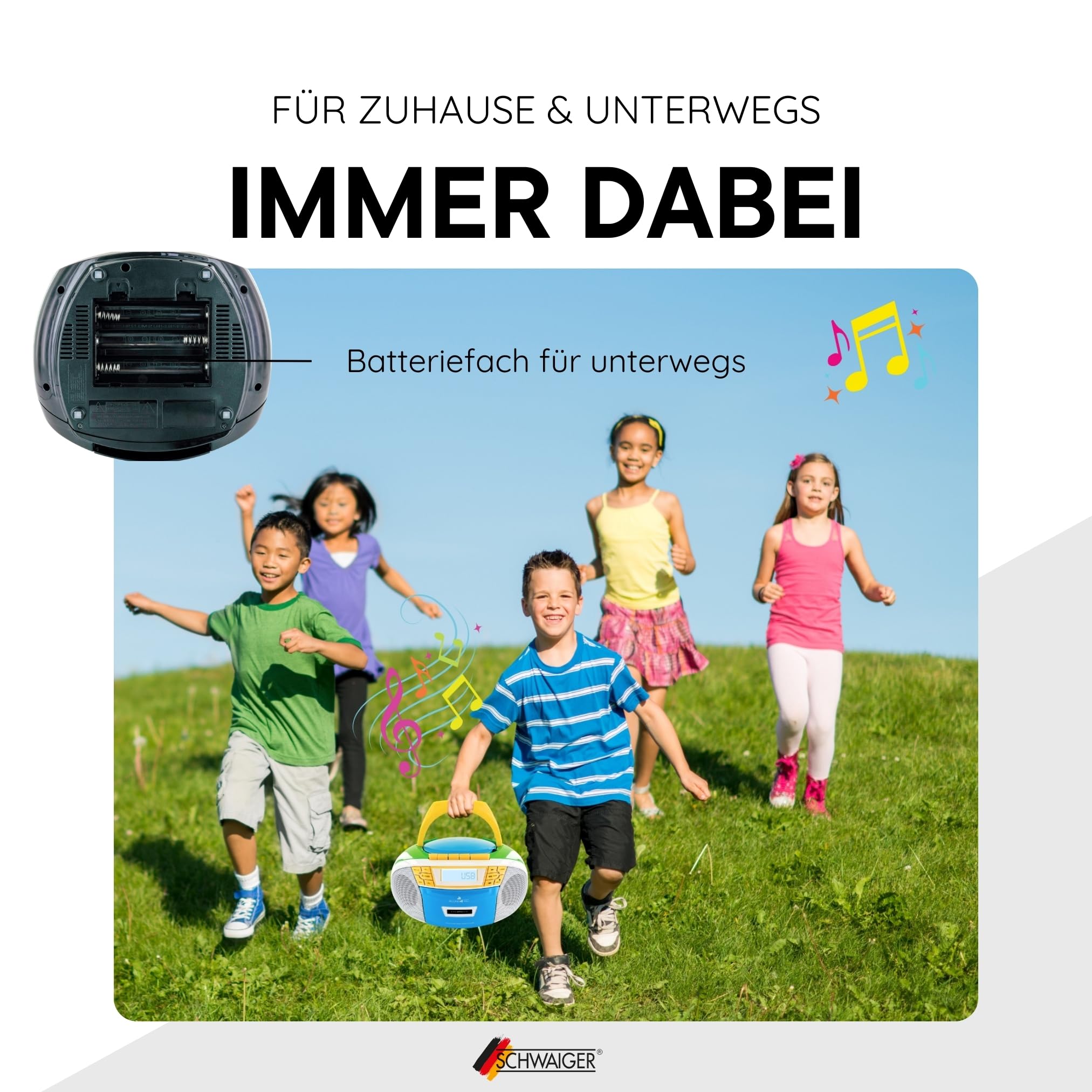 SCHWAIGER -658026- Przenośny odtwarzacz CD z kasetami i radiem | MP3 | Złącze USB | Radio FM | Słuchawki AUX | Boombox | Stereo | do domu i w podróży | Zasilanie sieciowe i akumulatorowe | Wyświetlacz