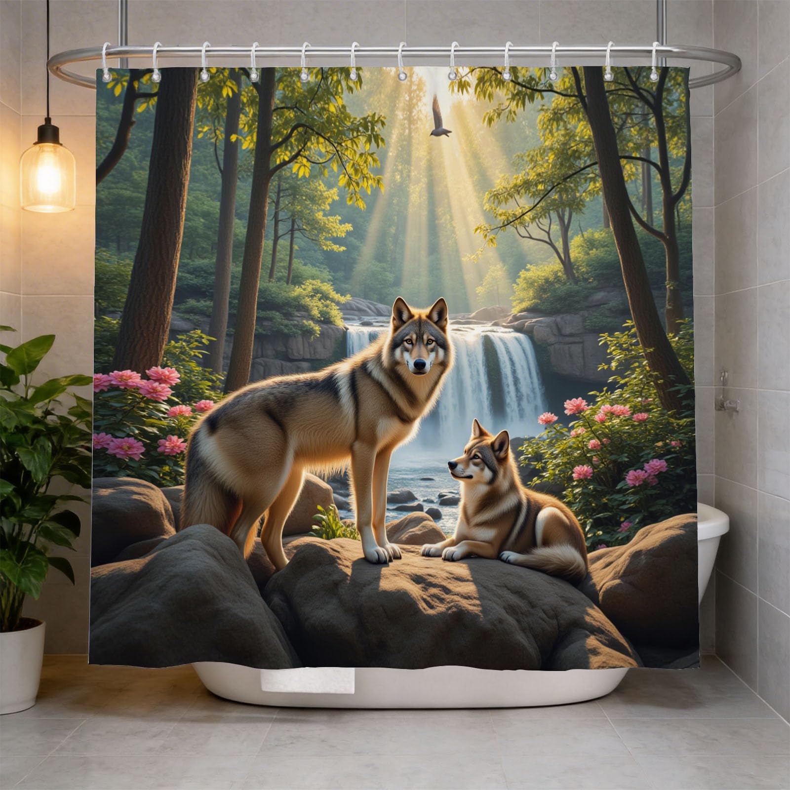 Hongduo 3D Wolf Shower Curtain for Stalls Bathtubs Vibrant Wildlife Style Bathroom Decor Shower Curtain Set Polyester Fabric Waterproof 200x200cm/79X79 Inch with Hooks