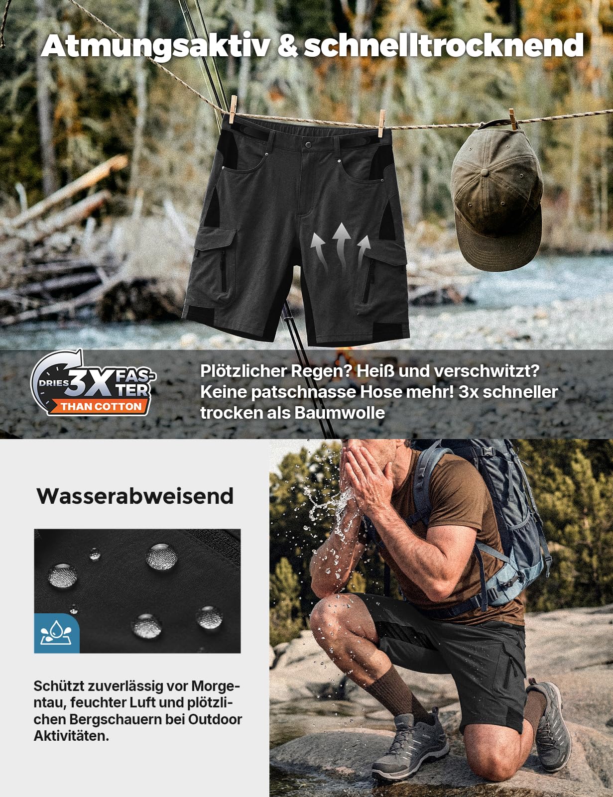 Wespornow Wanderhose Herren Kurz Schnelltrocknend 4-Way-Stretch Verstärkt Schritt 6 RV-Taschen Leicht Geräuschlose Trekking