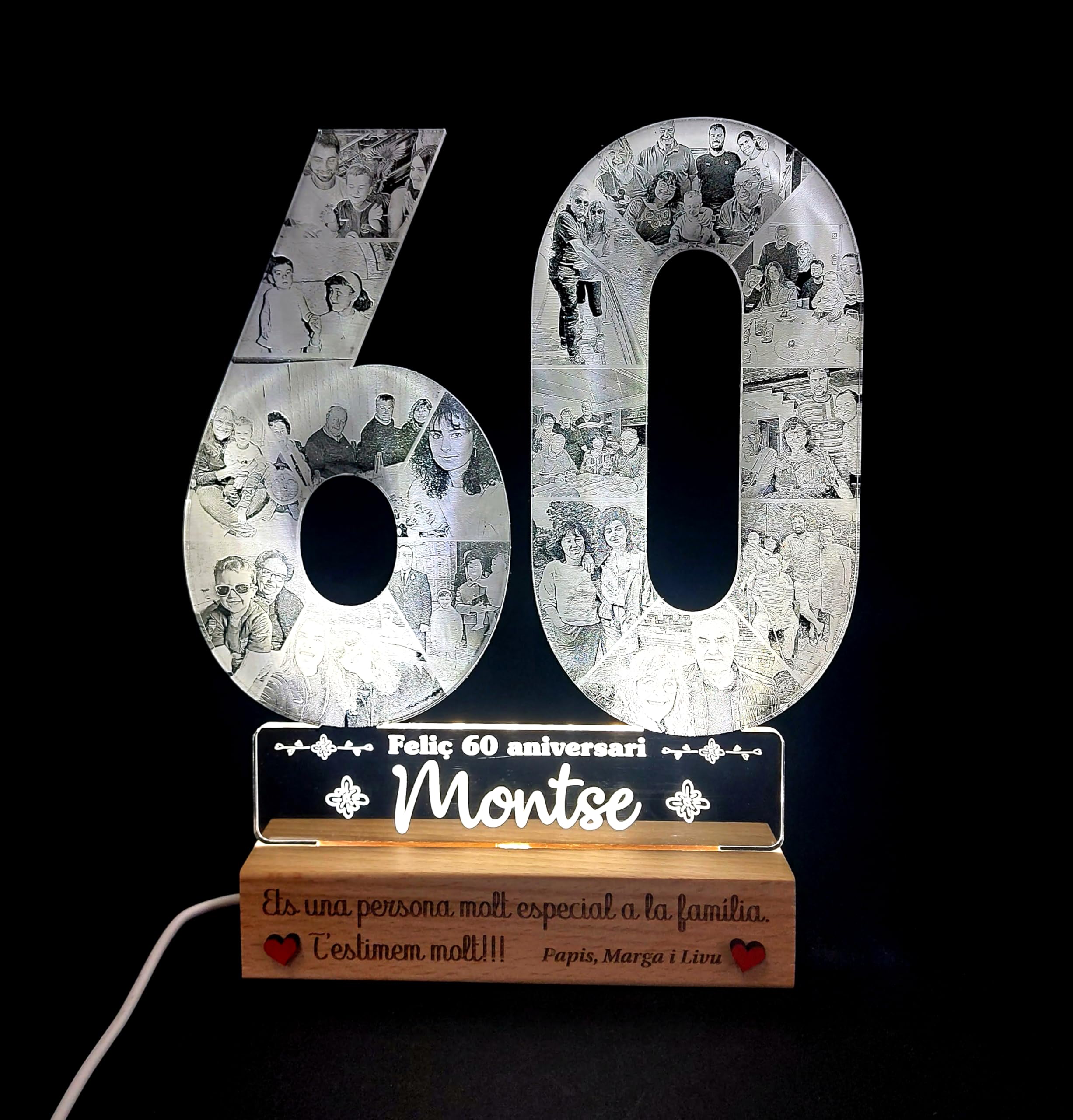 Genérico 7laser - Lámpara LED personalizada con 16 fotos y texto personalizado - con Base de Madera Natural - Regalo original para 60 aniversarios, cumpleaños, bodas de diamante - con conexión USB.