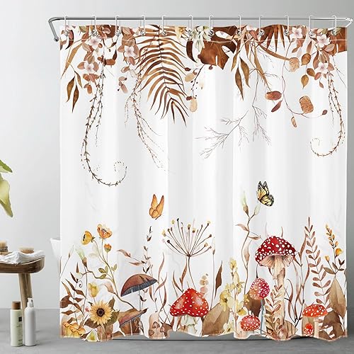 Miniatura 2 de EOBTAIN Juego de cortinas de ducha con diseño de hongos de otoño, hojas de plantas marrones y flores silvestres sobre tela blanca, juego de cortina