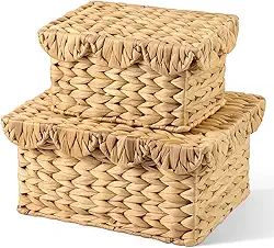 Pacote com 2 cestas de armazenamento de vime recortadas com tampas, cesta de armazenamento retangular de vime, cesta decorativa de jacinto de água tecida à mão para organização de quarto e sala de