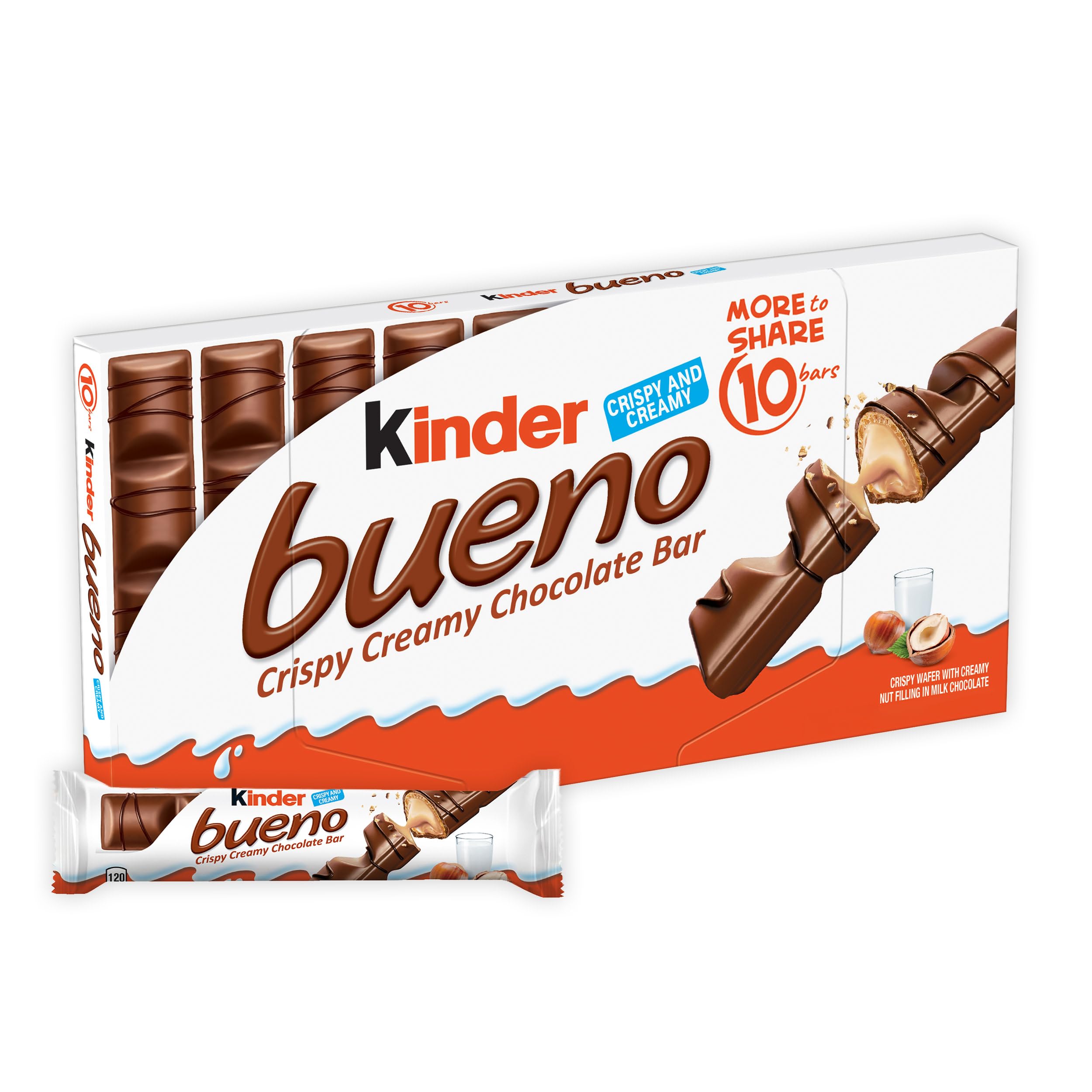 Kinder Bueno Milk Chocolate Bars, Crispy Wafer Hazelnut Cream, 10 Ct