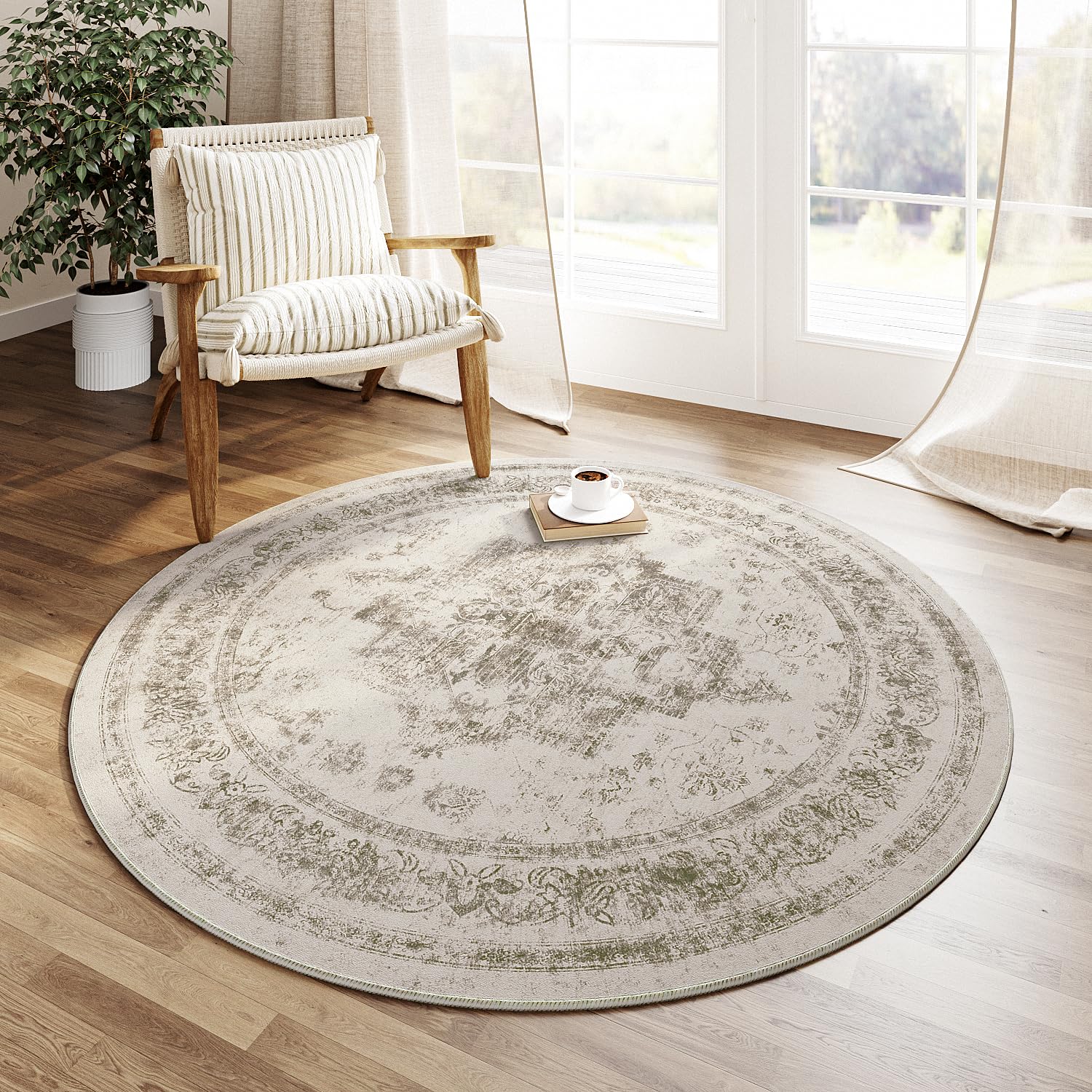 HUGEAR Vintage Tappeto Rotondo Beige Tappeti 150cm Antiscivolo Lavabile in Lavatrice Tondo Tapette Salotto Camera da Letto Soggiorno Scendiletto Ufficio Pelo Corto Rotondi Carpet