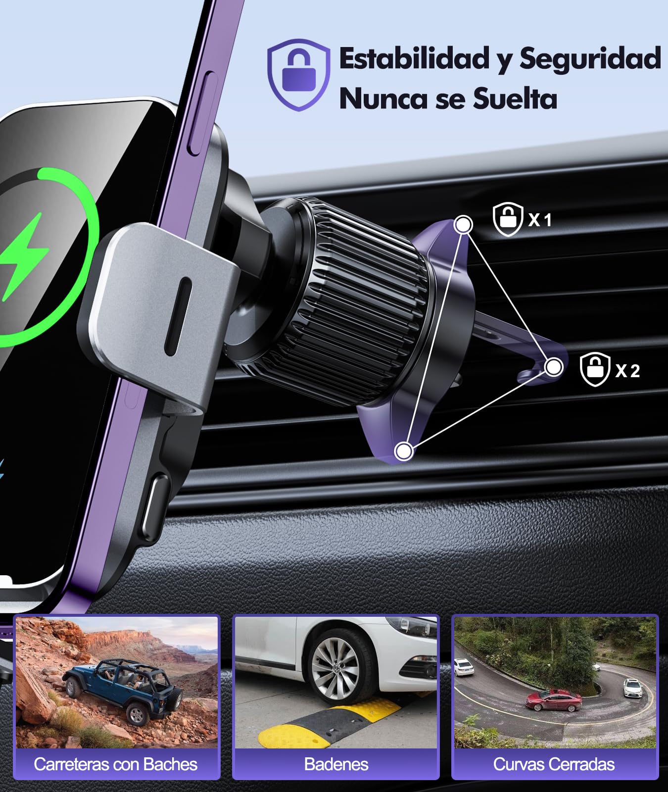 ISEYOU Cargador Inalambrico Coche, [Sujeción Automática] 15W Soporte Movil Cargador Inalámbrico Coche 360° Rotación & QC 3.0 Carga Rápida Compatible con iPhone 17 16 15 Pro MAX, etc