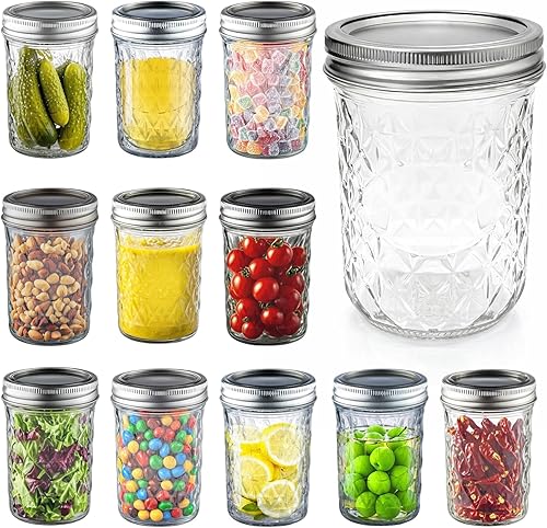Miniatura 7 de Paquete de 12 tarros de vidrio de boca regular de 8 onzas con tapa y bandas de sellado, recipiente hermético para encurtidos, enlatados, velas,