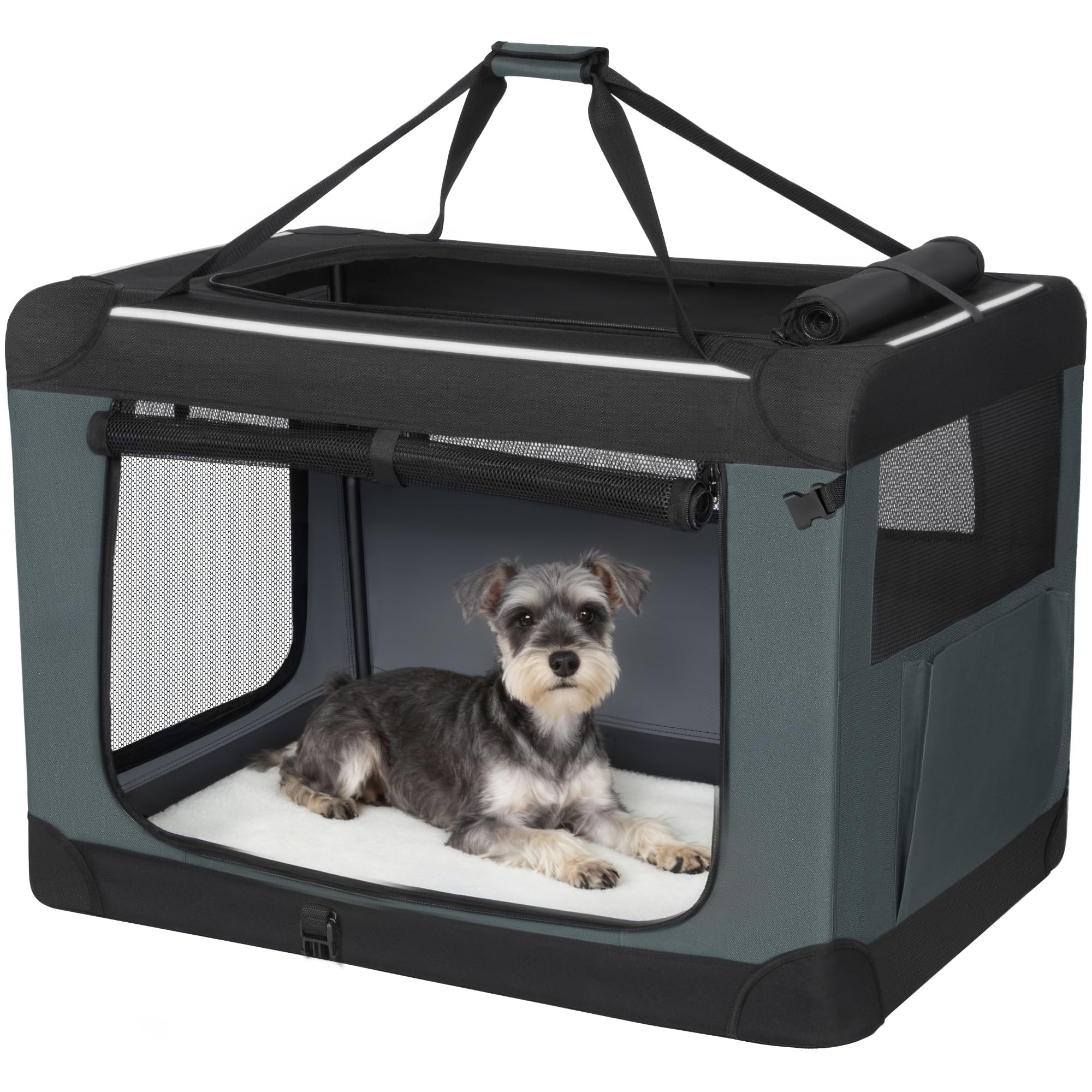 Trasportino Pieghevole per Cani, Trasportino da Viaggio Portatile e Traspirante a 3 Porte con Rifiniture Riflettenti e Tasca Laterale, Uso Interno ed Esterno, Grigio, 60 x 42 x 42 cm
