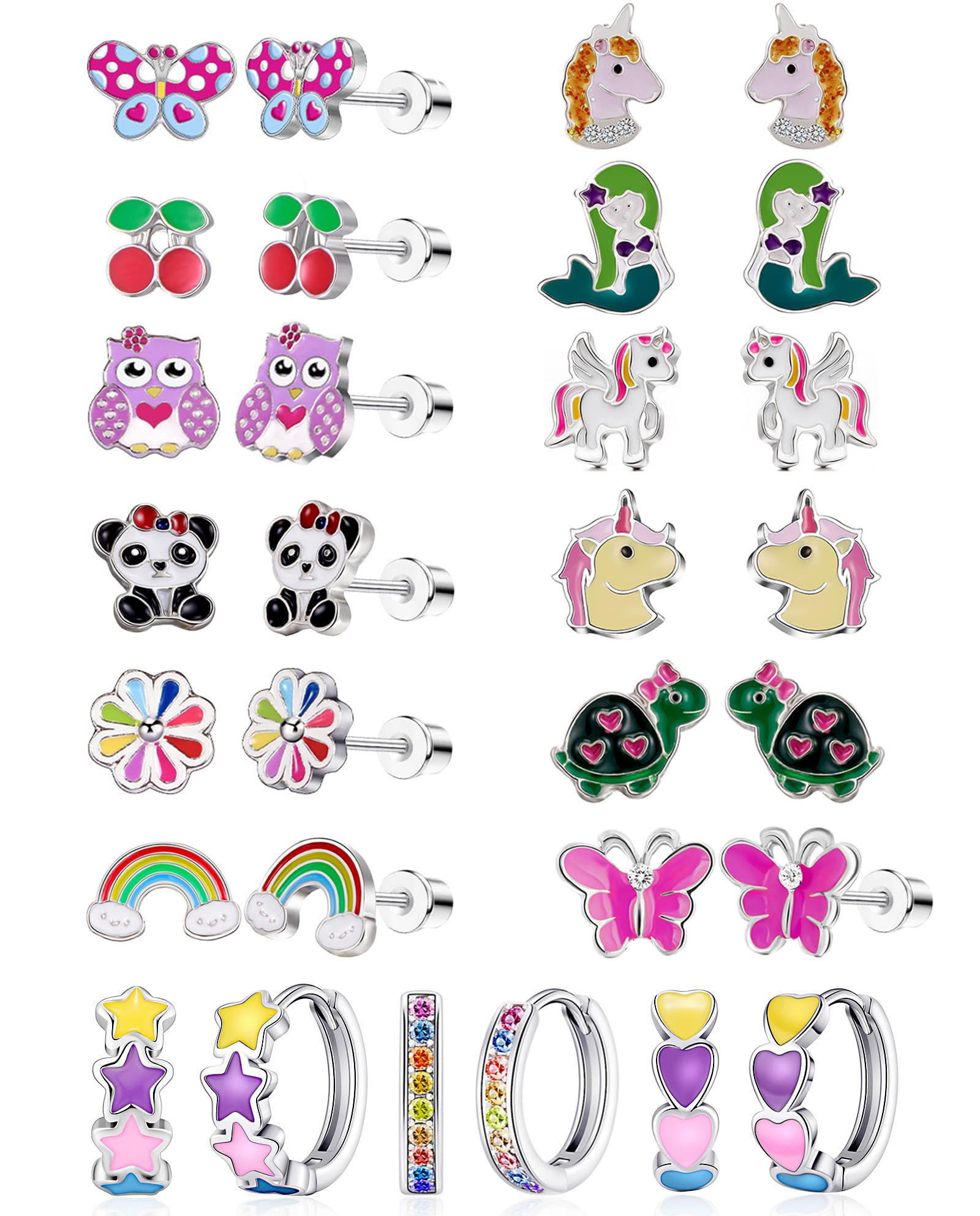 15 Pairs Stud Earrings Set :12 Pairs Unique Cartoon Flat Back Earrings &amp; 3 Pairs Mini Hoops with Stainless Steel Posts and Screwback Earring