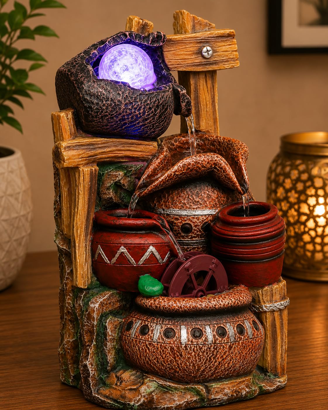 CHRONIKLE Polyresin Designer Tabletop 4 Steps Indoor Water Fountain for Home Decor with LED Light, Speed Controller Pump & Crystal Ball (Size: 21 x 15 x 35.5CM |Color: Multi | Weight: 1480 Gram)-image-23