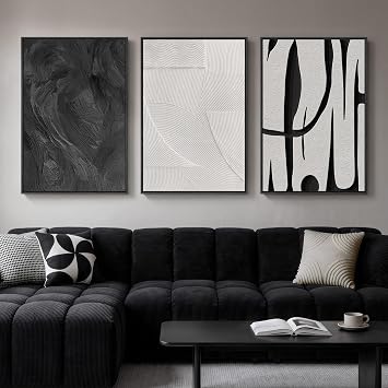 Large Framed Black and White Wall Art for Living Room, 3 Piece Abstract Canvas Prints Paintings, Modern Minimalist Artwork for Walls, Pictures Wall Decor for Office Dining Room Bedroom, 24x36 In