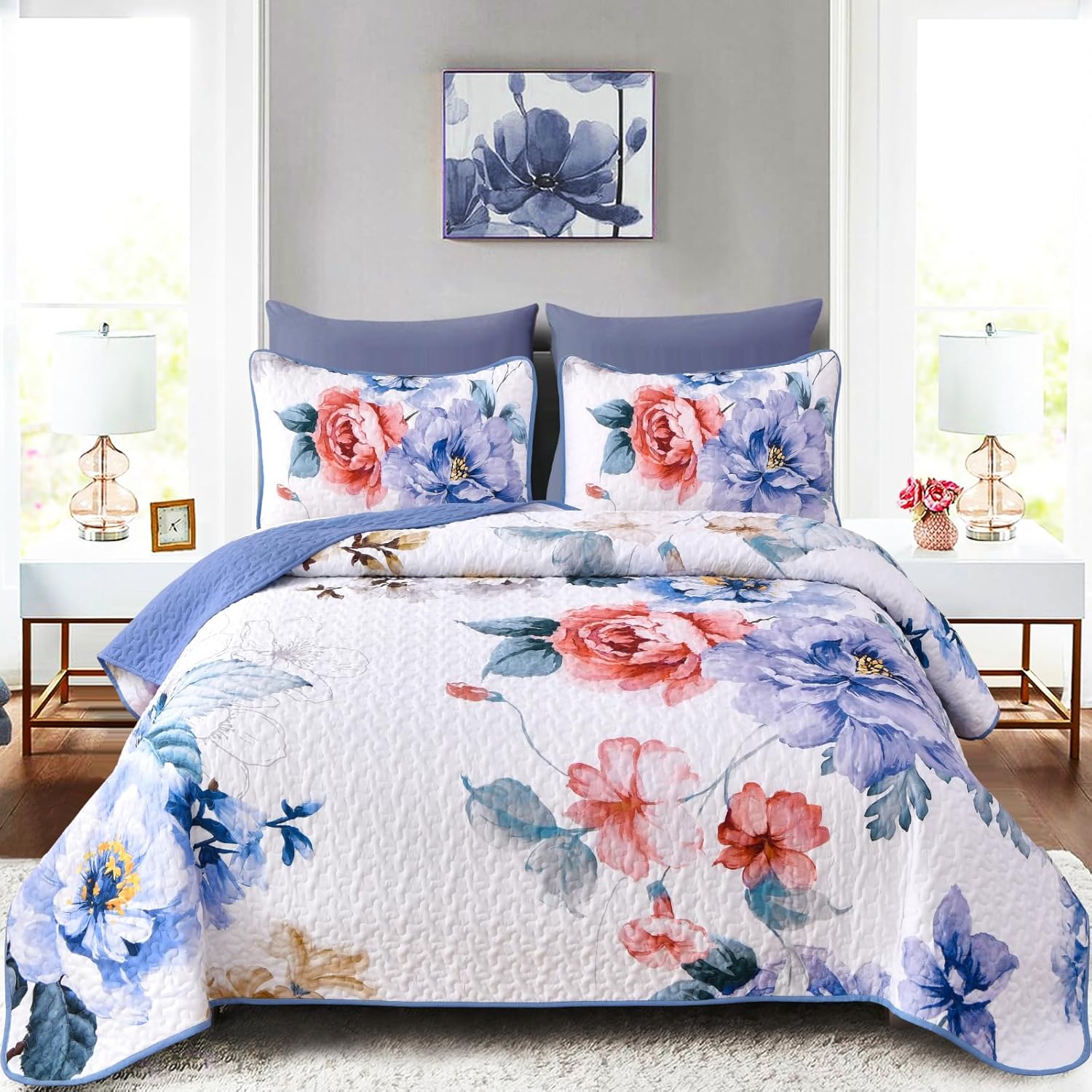 Dobuyly Blue Floral Quilt Set Queen Size, 3 Pieces