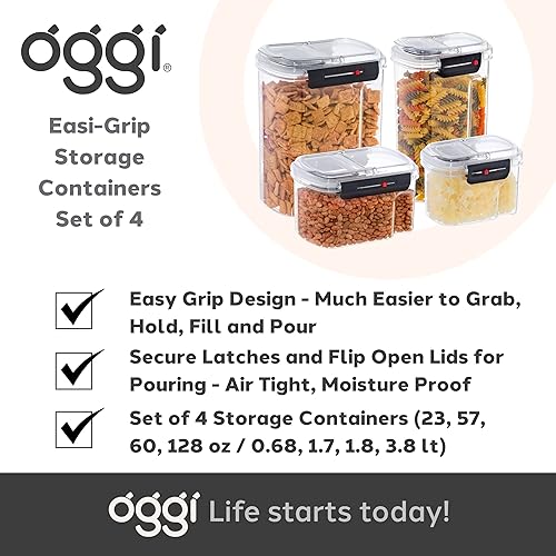 Miniatura 7 de Oggi Easi Grip - Contenedores de almacenamiento a prueba de humedad, juego de 4, recipientes sellables sin BPA, tapas de vertido, recordatorio de