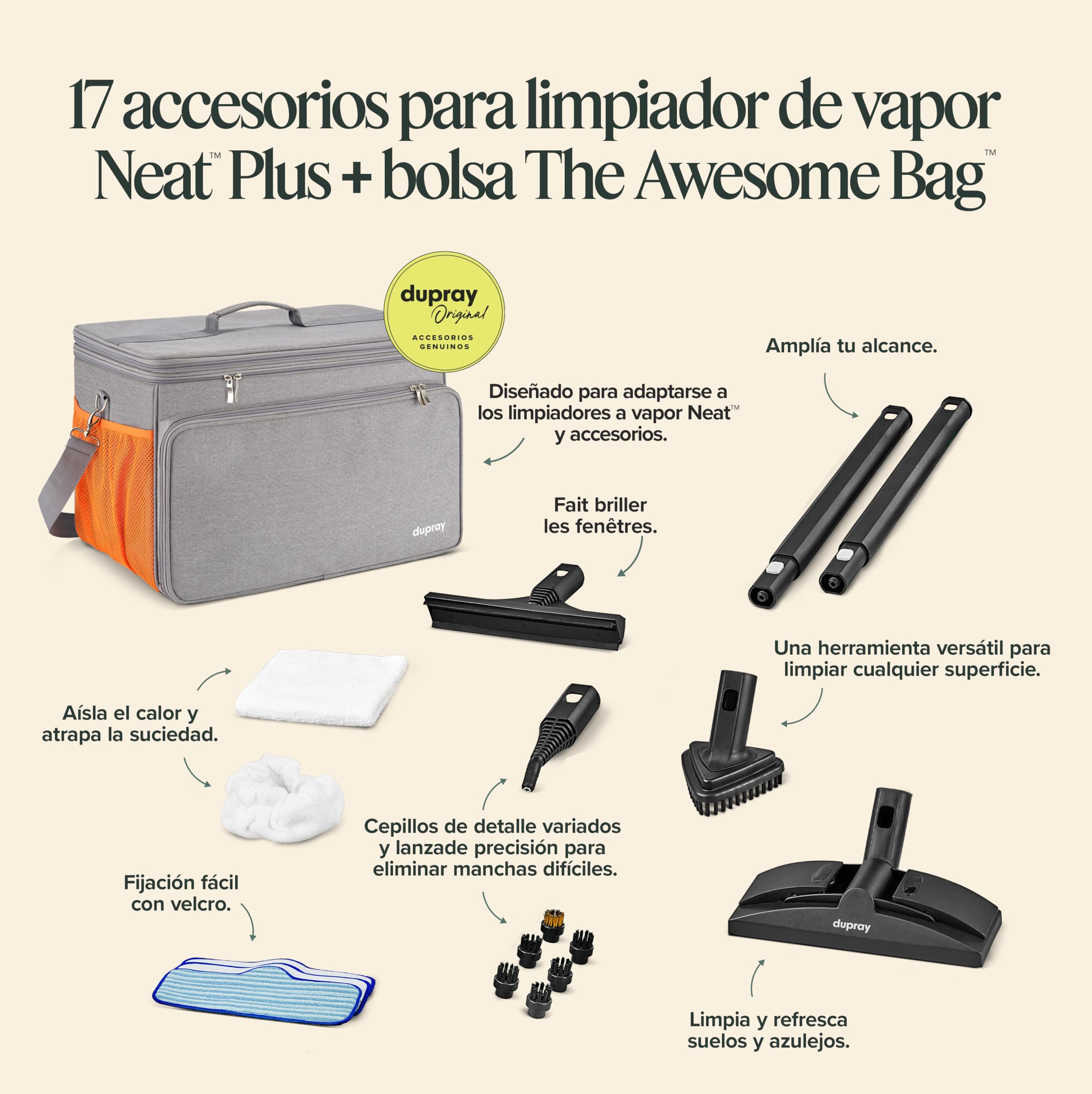 Dupray Neat Plus Limpiador a Vapor – 18 Accesorios, Vapor Potente sin Químicos, Limpieza Profunda para Suelos, Sofás, Cocina, Baño y Coche