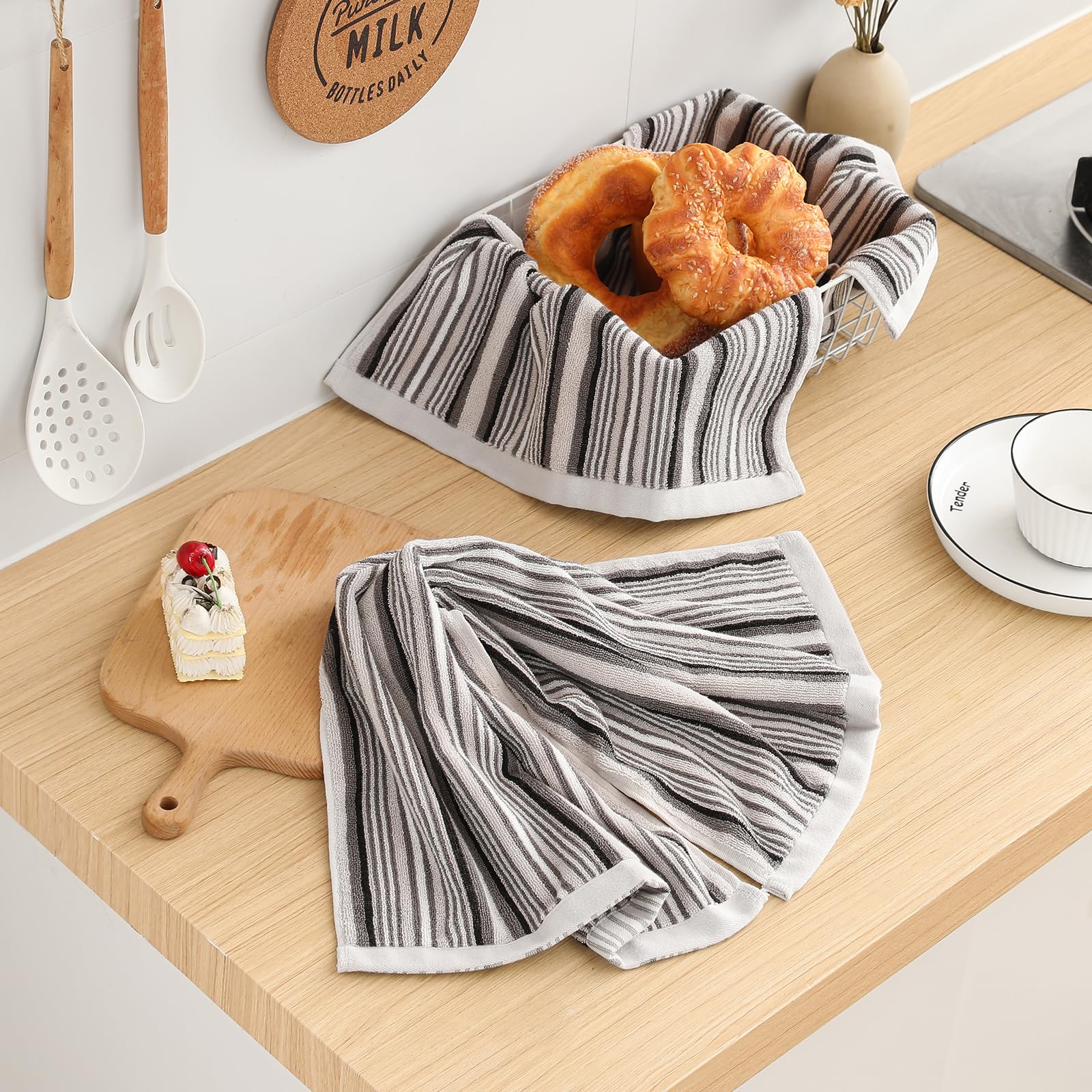 SALAS Premium Cotton Kitchen Dish Towels for Drying Dishes,Large Long Kitchen Hand Towels, Thick Highly Absorbent Dish Clothes Tea Towel Sets with Hanging Loop, 16" X 26", 4 Pcs, Gray