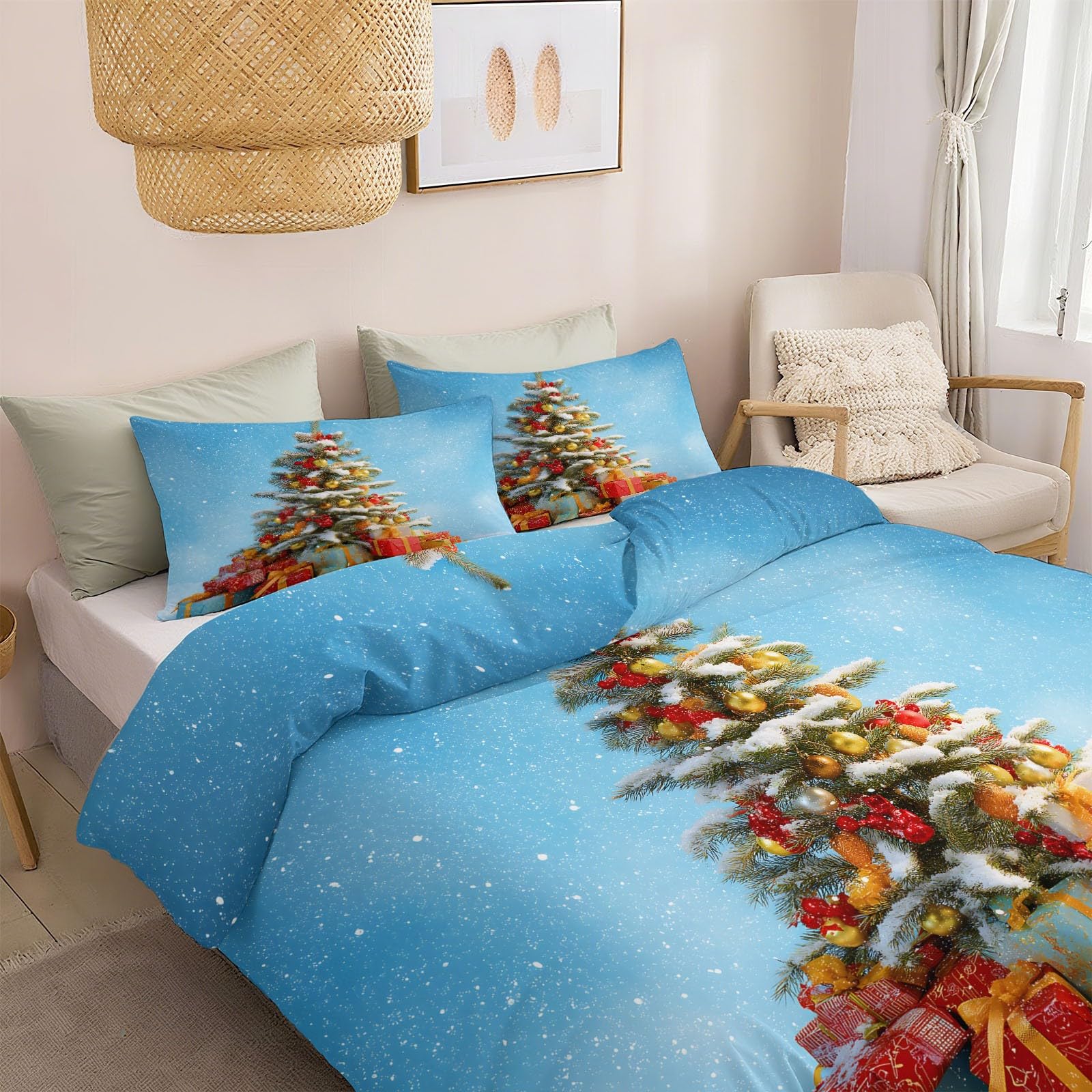 Poszwa na kołdrę na łóżko 105 cm Motyw bożonarodzeniowy Choinka Prezenty, Niebieski Miękki Zestaw pościeli z mikrofibry Poszwa na kołdrę 200 x 200 cm i 2 x Poszewki na poduszki 50 x 75 cm