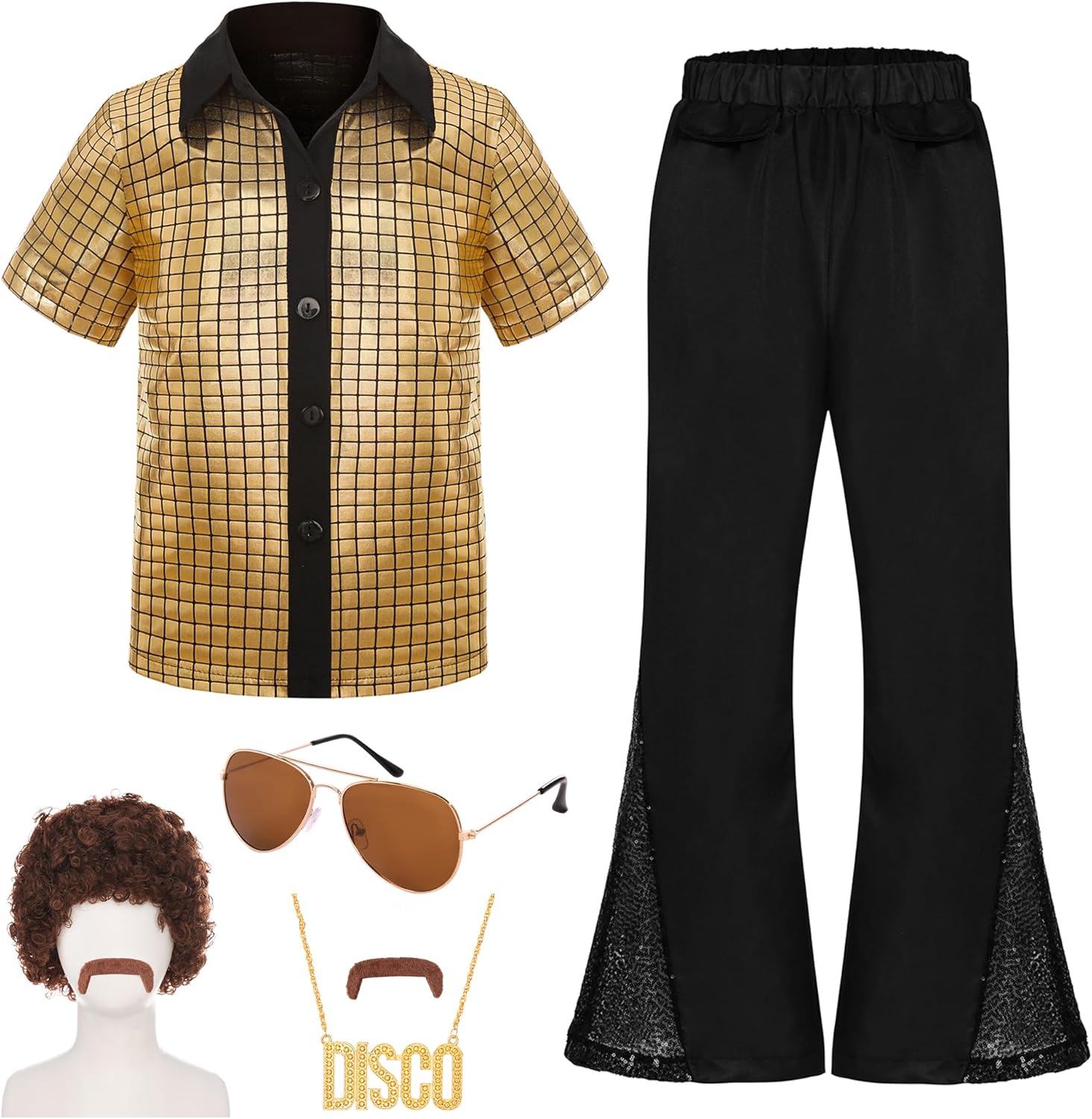Kids Disco Costume Sequins Shirts for Boys 6PCS Kids 60s 70s Disco Costume for Halloween Party Dress Up 3-4 Years Gold (missing wig)