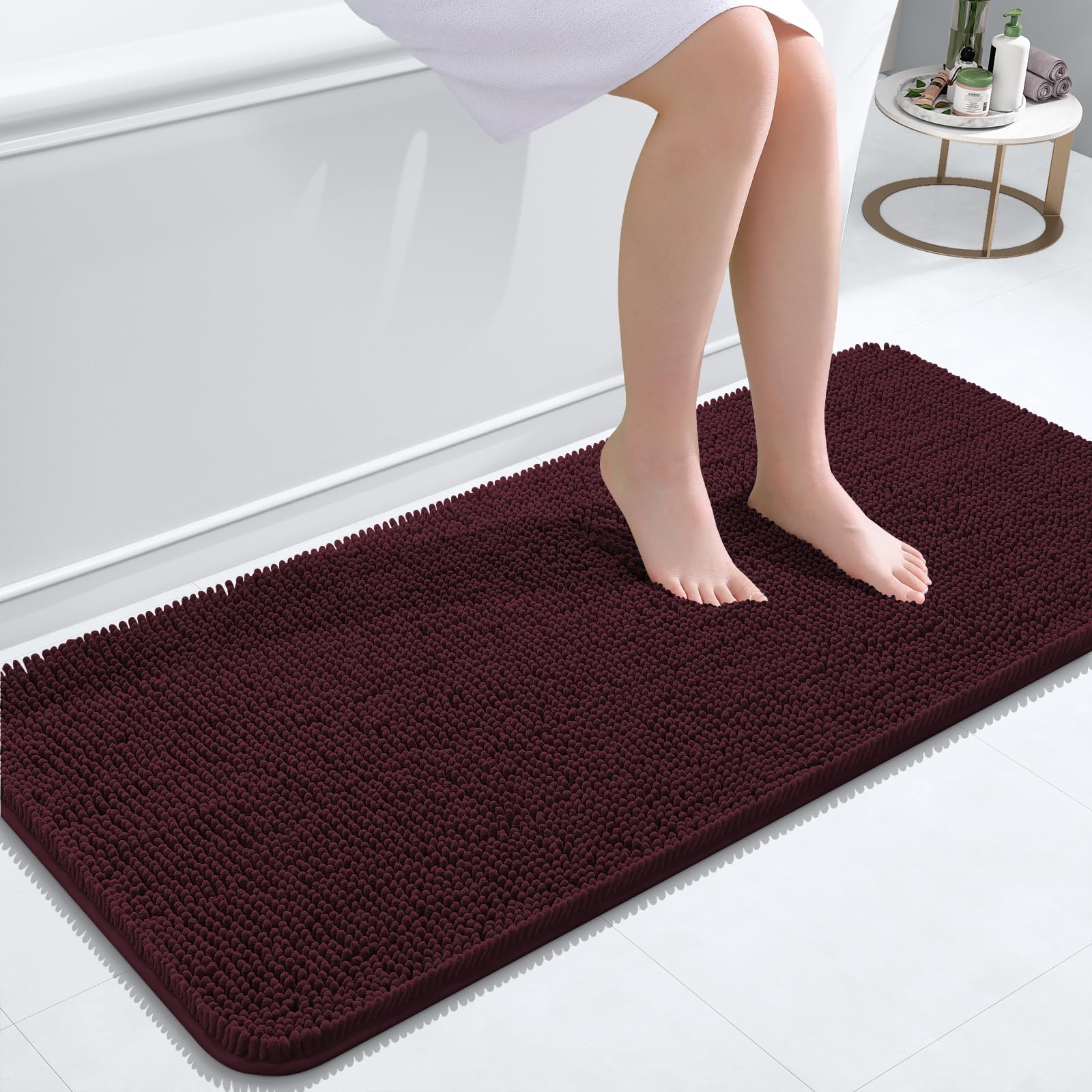 OLANLY Bathroom Runner Rugs 47x20, Extra Soft Absorbent Chenille Bath Rugs | Black Cherry, Quick-Drying Rubber Backing, Washable Long Bath Mat for Bathroom Floor, Tub and Shower, Home Decor Accessories