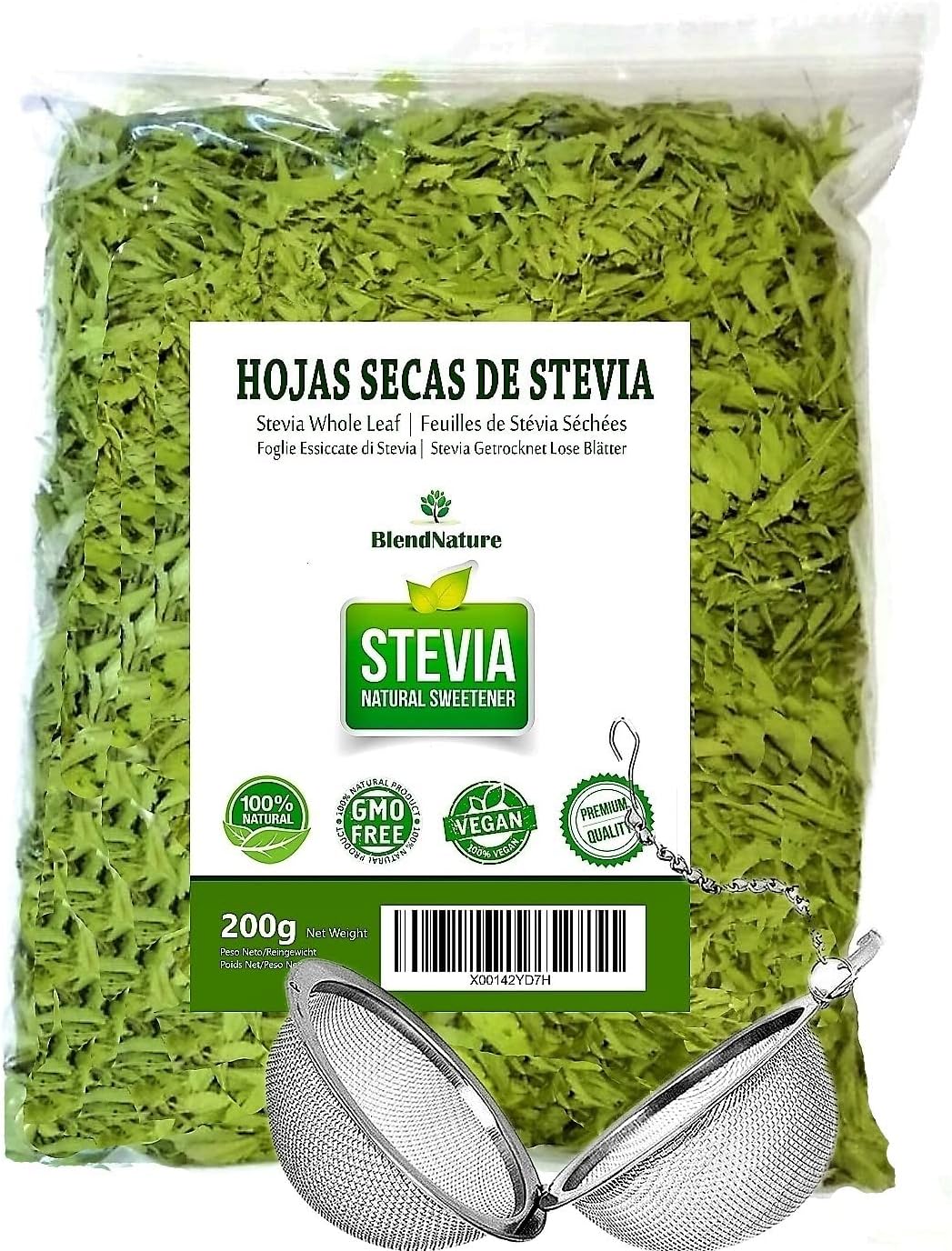 Hojas de Stevia Natural 100% Pura - Seleccionada 200g-Vegana-Regalo Bola Infusora