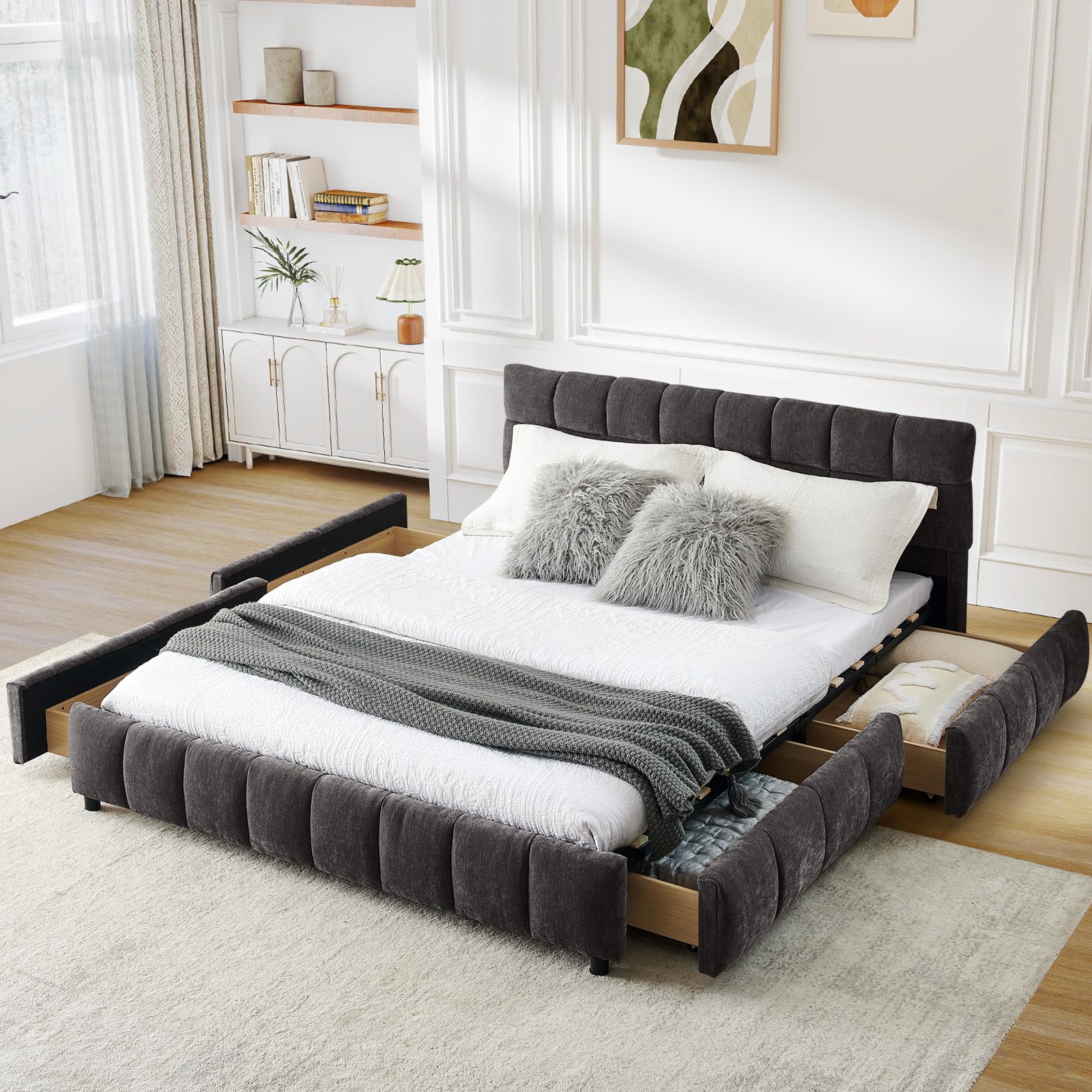 Upholstered Bed Frame Queen Size with 4 Storage Drawer & Tufted Headboard, Modern Chenille Floor Bed with Wood Slat Support, No Box Spring Needed for Bedroom Guest Room, Easy Assembly, Dark Gray