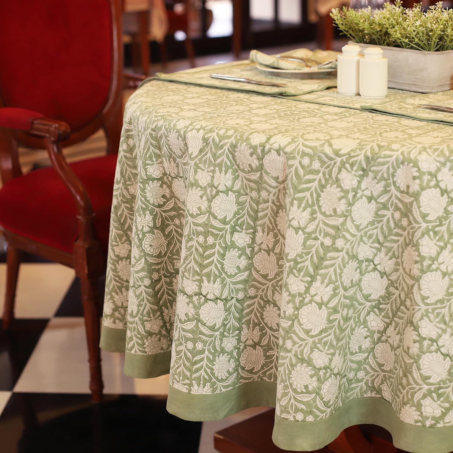 Labhanshi Sage Green Block Print Round Table Cloth|Indian Round Floral Cotton Table Cover 60 Inch 4-Seater Spring Easter St.Patrick Dining Tablecloth|Patio Table Cover for Wedding Banquet Parties