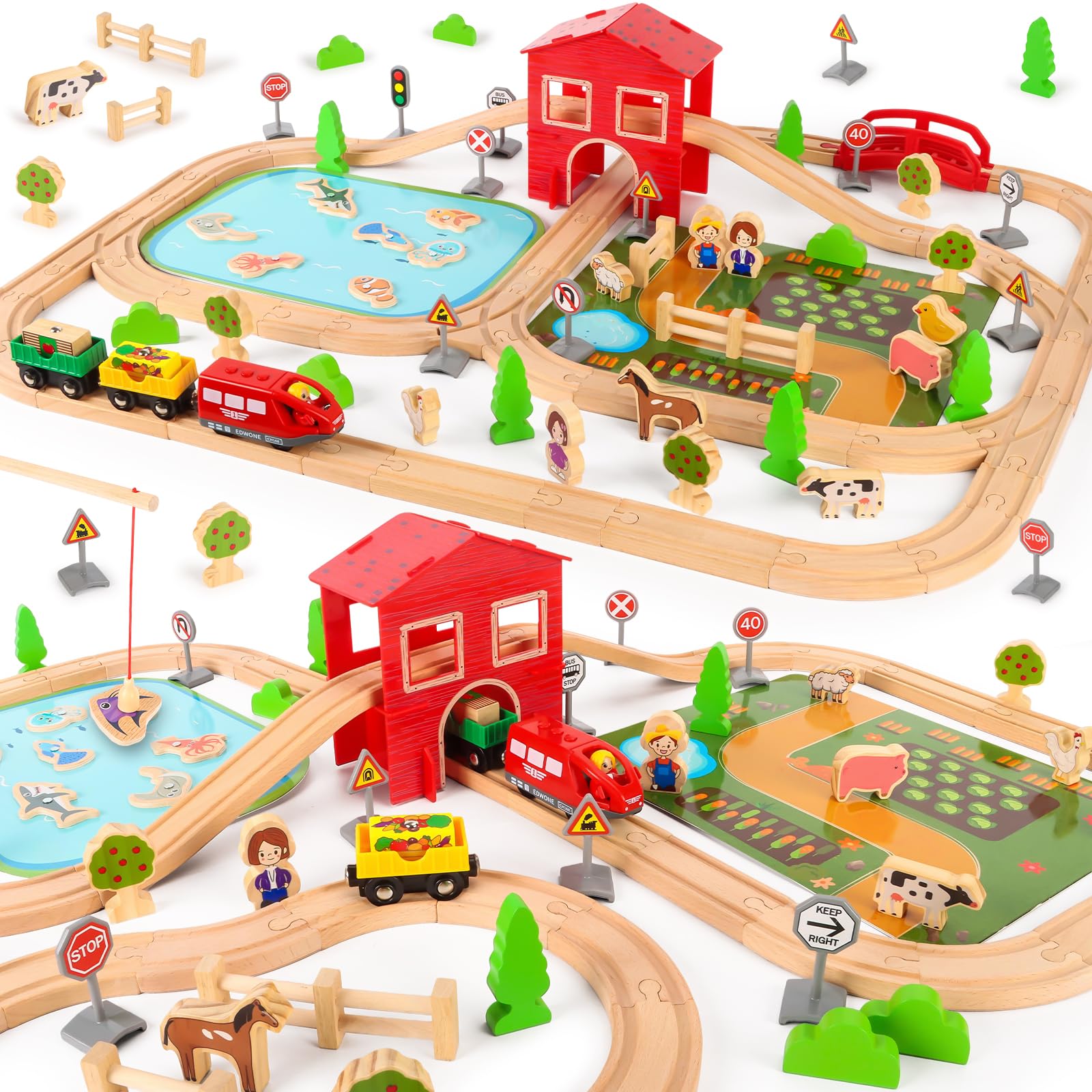 LumenVela Set di Trenino Legno Bambini, 100 Pezzi pista Macchinine Legno Tema Della Fattoria Pista con Trenino, Laghetto, Fattoria e Piccoli Animali per Bambini dai 4 5 6 7 8 Anni