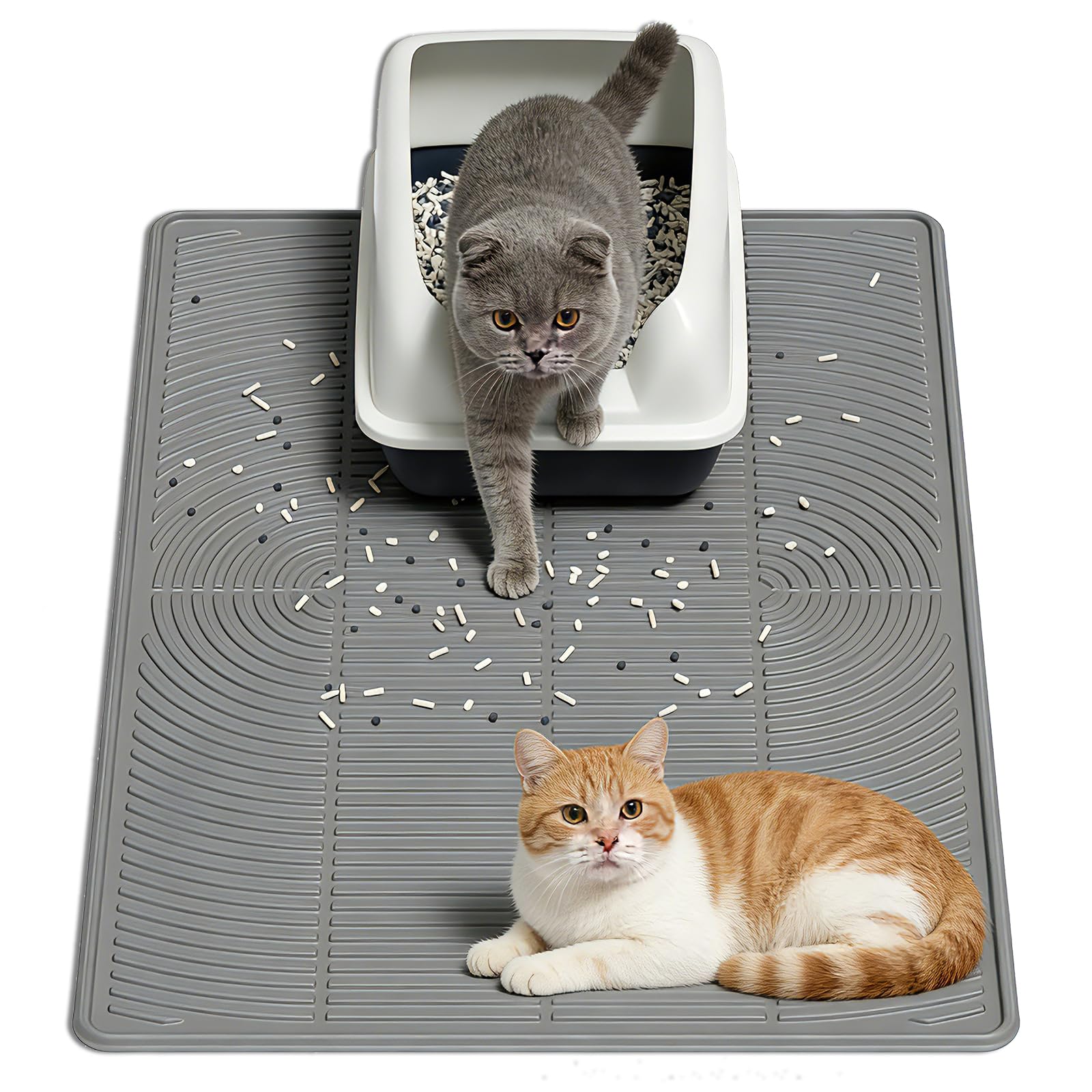 Cat Litter Mat 40"x28" - Soft Silicone & Leak-Proof Large Litter Mat, Non-Slip Cat Litter Trapping Mat for Multiple Cats, Easy to Clean & Durable for All Types (Gray)