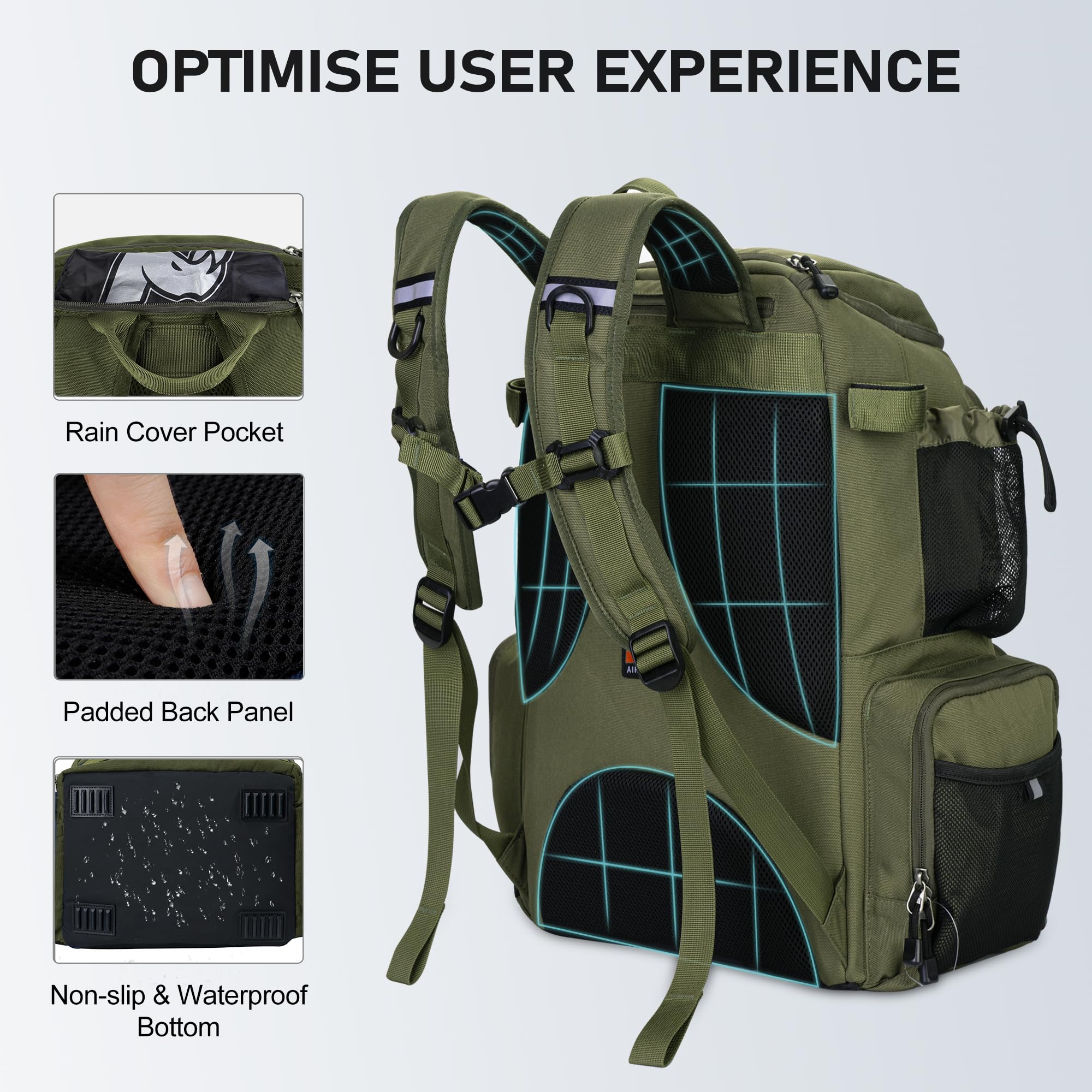 N NEVO RHINO Angelausrüstungs-Rucksack mit Rutenhaltern, 40 l, große Angeltasche mit wasserdichtem Regenschutz, Outdoor-Ausrüstungstasche