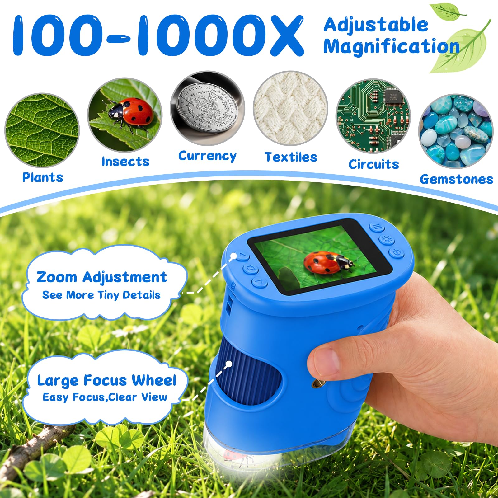 Microscopio Digitale Bambini 1000X, Microscopio Portatile con Schermo IPS 2 Pollici, 8 LED Luce Regolabile, Foto e Video, Regalo di Compleanno per Bambini Ragazzi e Ragazze (Blu)