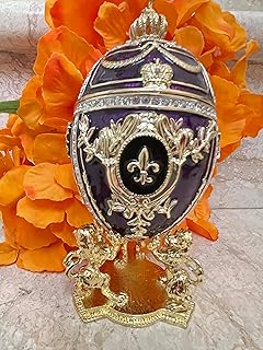 Exquisite 5* Graduation trinket Fabergé Egg Ornament 24k GOLD 300 AUSTRIAN Crystal Gems HANDSET Russian Faberge Egg HANDMADE Purple Amethyst Jewelry box Russian egg Ornaments Grad present 5ct
