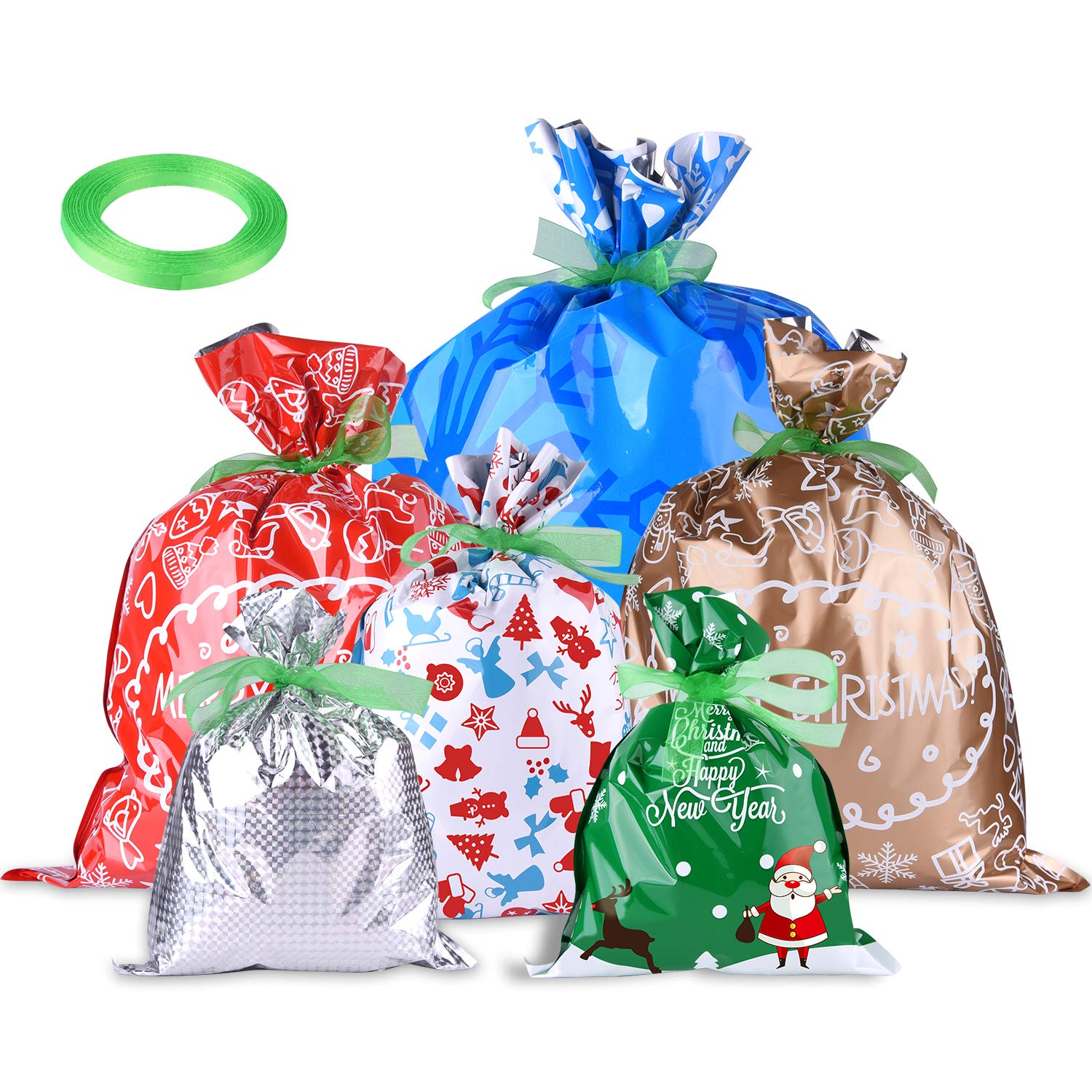 MIAHART 25 Pack Xmas Gift Bag Christmas Goody Bags Gift Wrapping Assorted Styles 4 Sizes Xmas Gift Bags with 20m Ribbon Ties for Gift Wrapping Supply