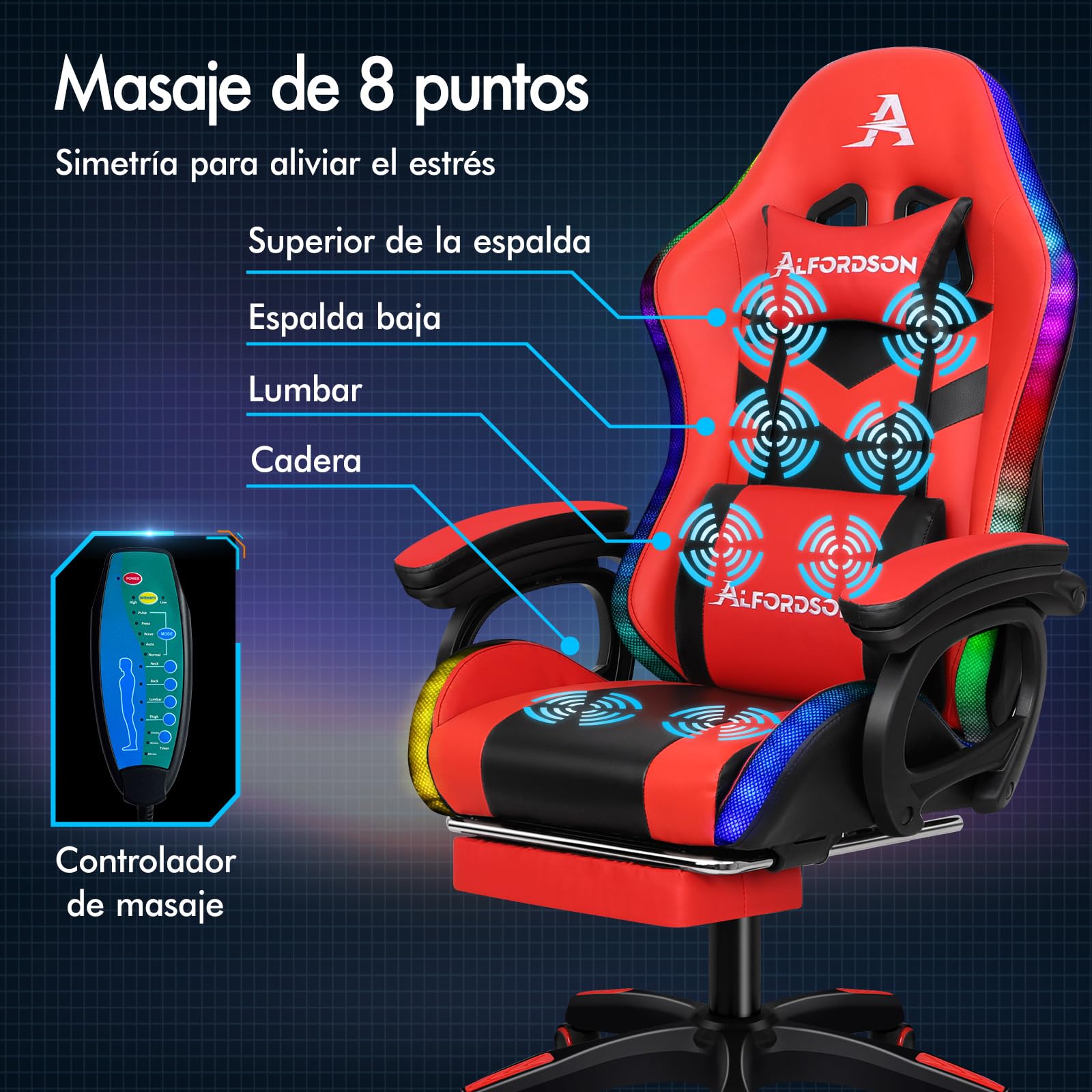 ALFORDSON Silla Gaming con Masaje y LED, Silla Gamer Ergonómica con Cojín Lumbar y Cervical, Reposapiés Telescópico, Iluminación para Ordenador, Videojuego, Juegos, Oficina, Cuero PU(Roja)