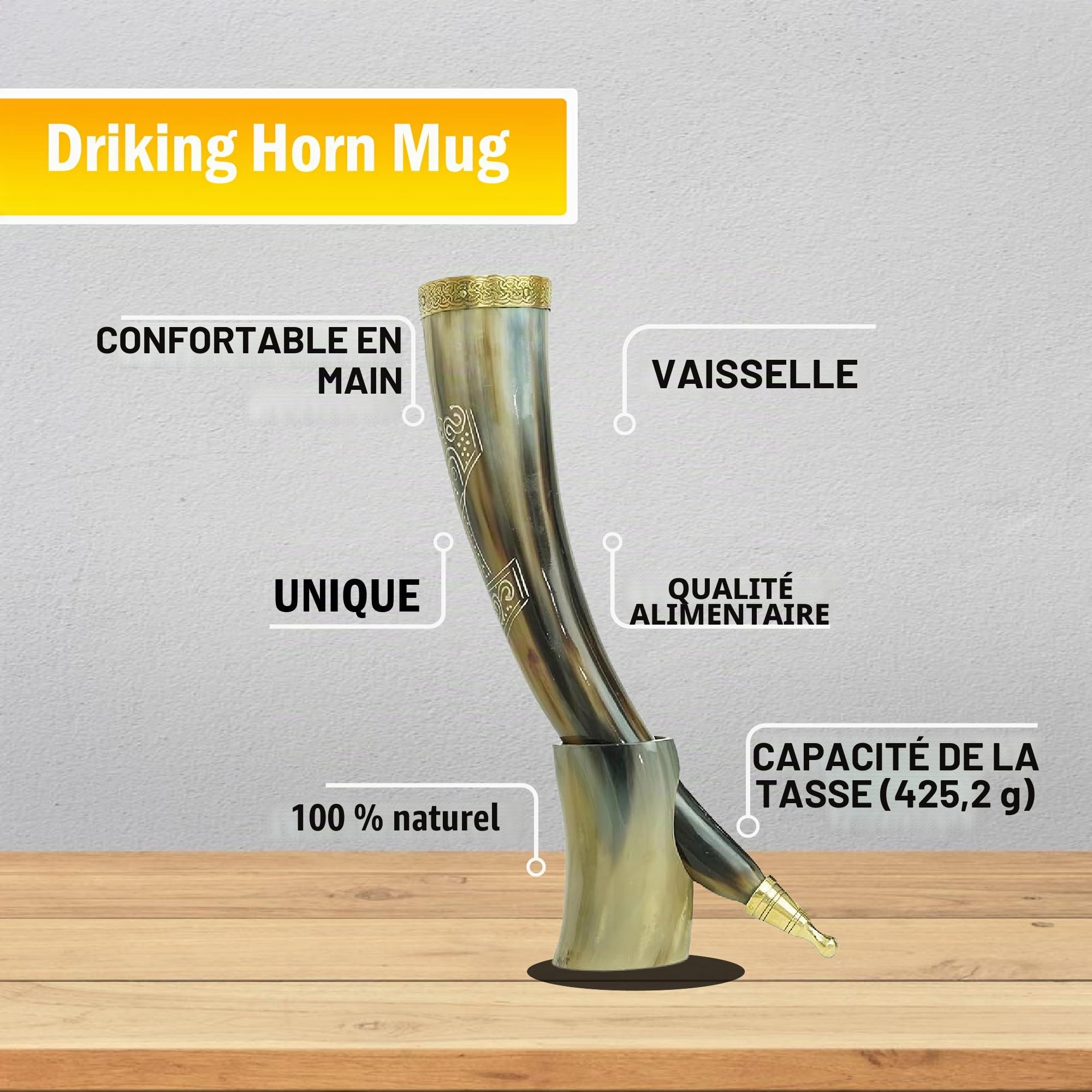 Viking Corne de bœuf | Chope | Tasse | Tasse pour bière, hydromel, vin, verre à liqueur, décapsuleur | 100 % sans fuite | Naturel et fait à la main | Offres combinées (2 cornes)