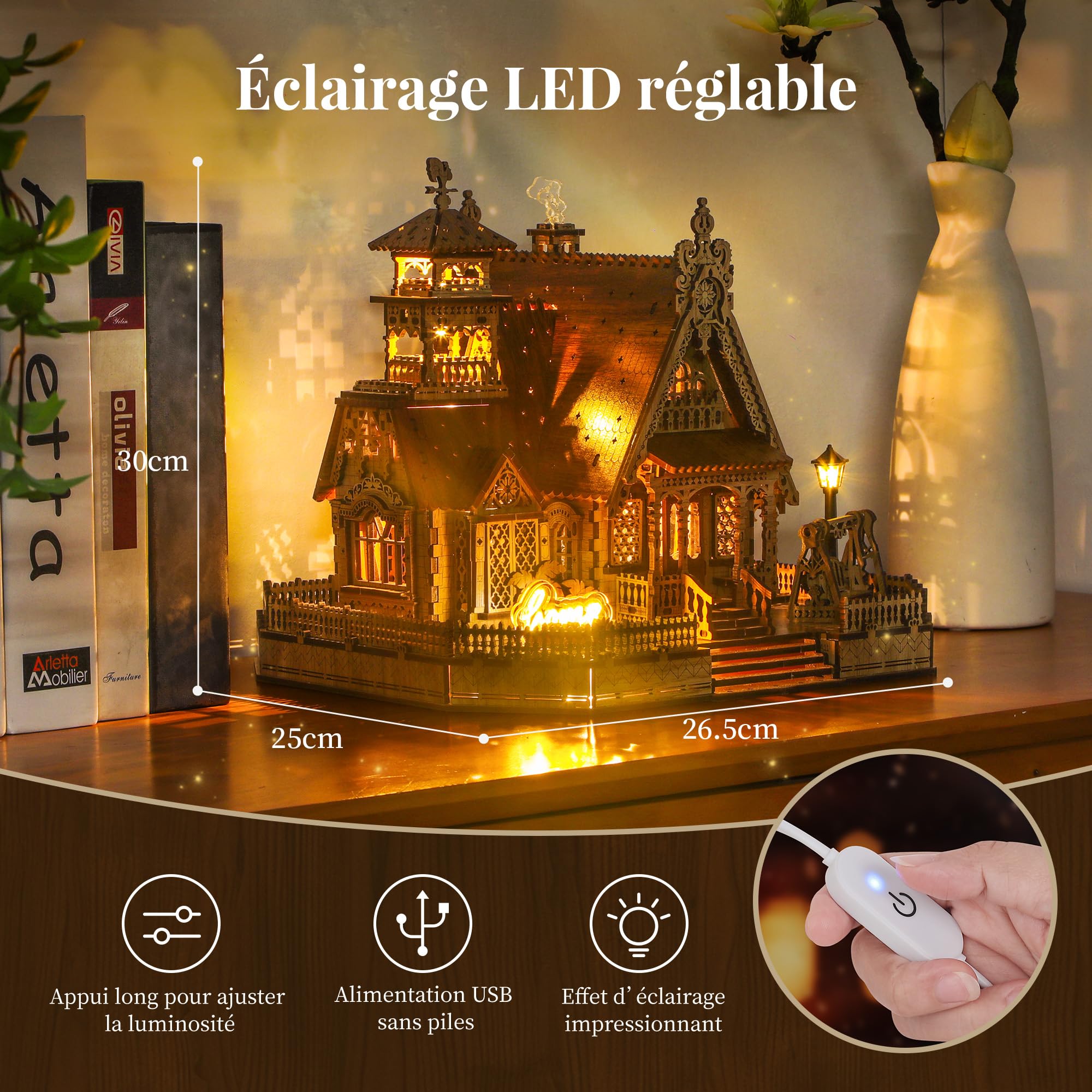 FUNPOLA LED Puzzle 3D en Bois – Modèle de Cottage Champêtre Kit de Construction Miniature DIY avec Lumières LED – Maquette Architecturale Rurale 3D pour Déco Maison – Puzzle 3D pour Adultes