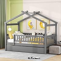 Vista 29 de Harper & Bright Designs Cama Casa Individual con Cama Nido, Marco de Plataforma Individual para Niños con Rieles y Techo, Cama Tienda, Casa