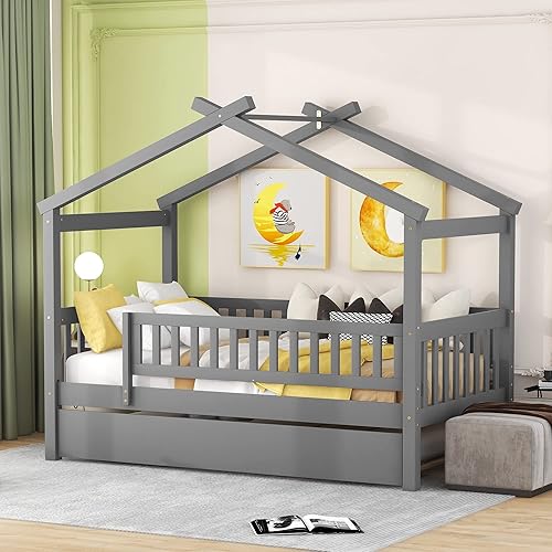 Miniatura 188 de Merax Cama de madera de tamaño individual con dos cajones, marco de cama de madera con techo para niños, adolescentes, niños o niñas, gris